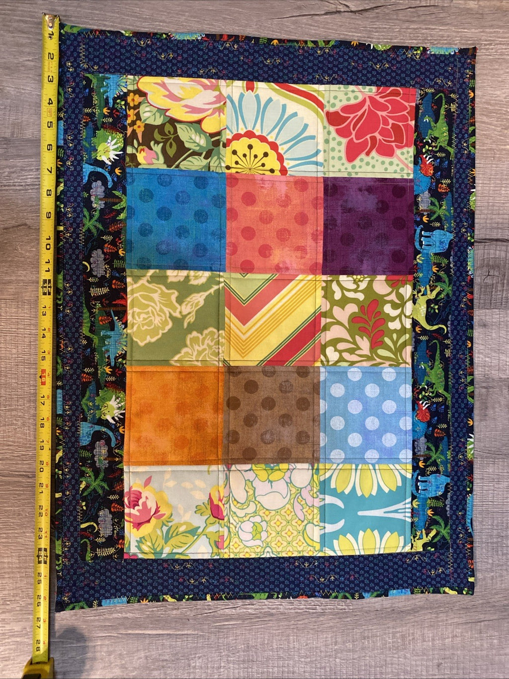 Handmade Quilted Table Topper 19.5 X 26 Blue Red Green Purple With Dinosaurs