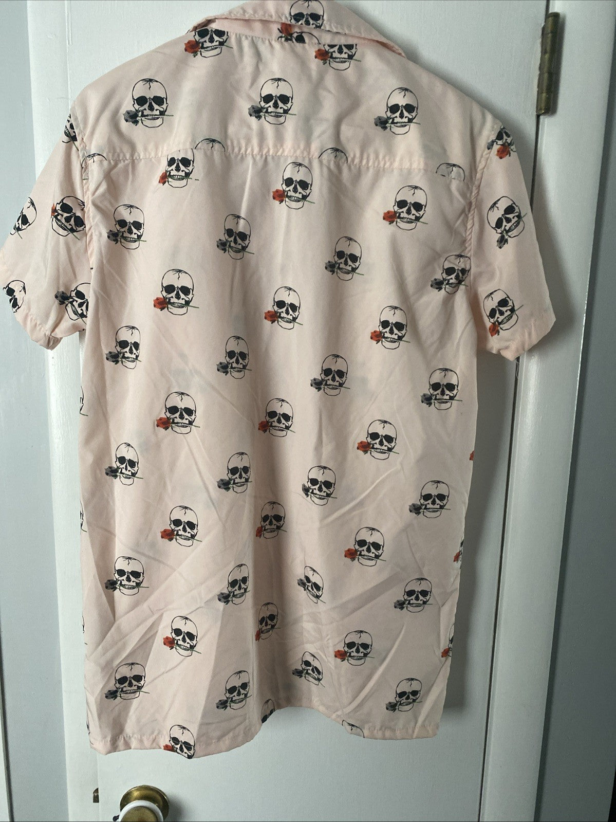 Brooklyn Standard Skull & Roses Button-Up Short Sleeve Men's Shirt Pink Size M