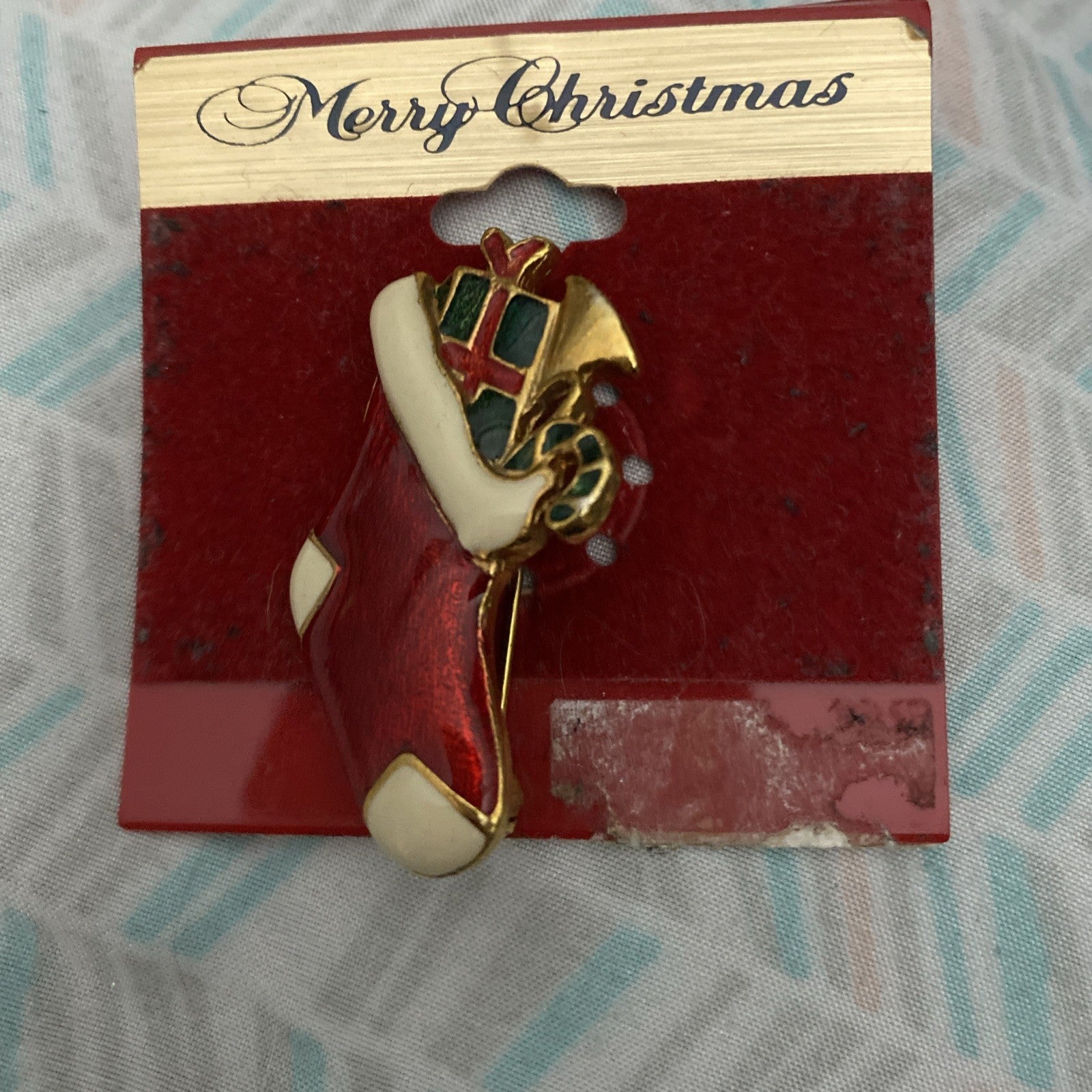 Gold Tone Red Enamel Christmas Stocking Pin Brooch with  Toys 2 Inch