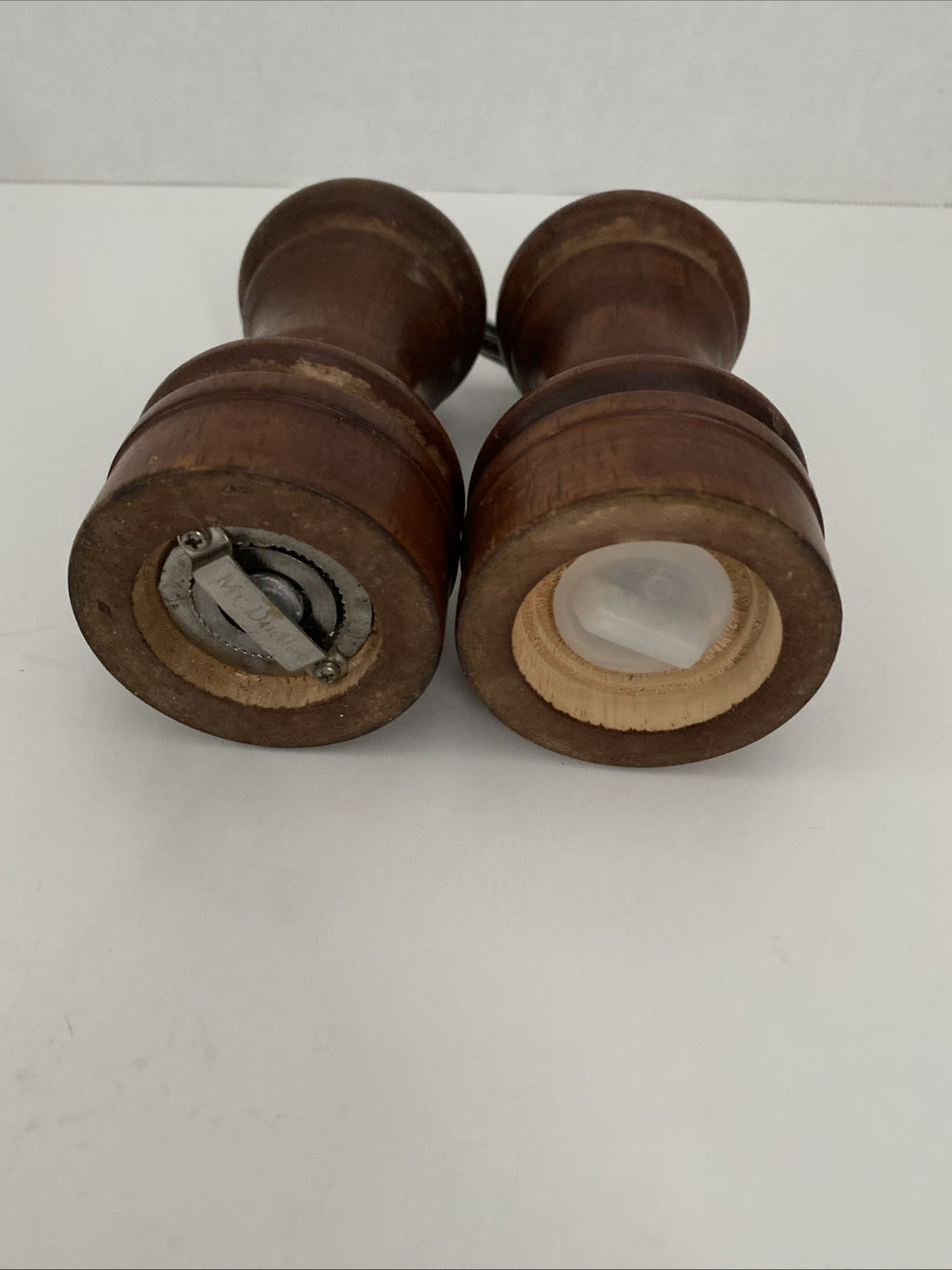 Vintage Heavy Salt & Pepper Shakers Set Wooden Catalina Forged Steel Gear