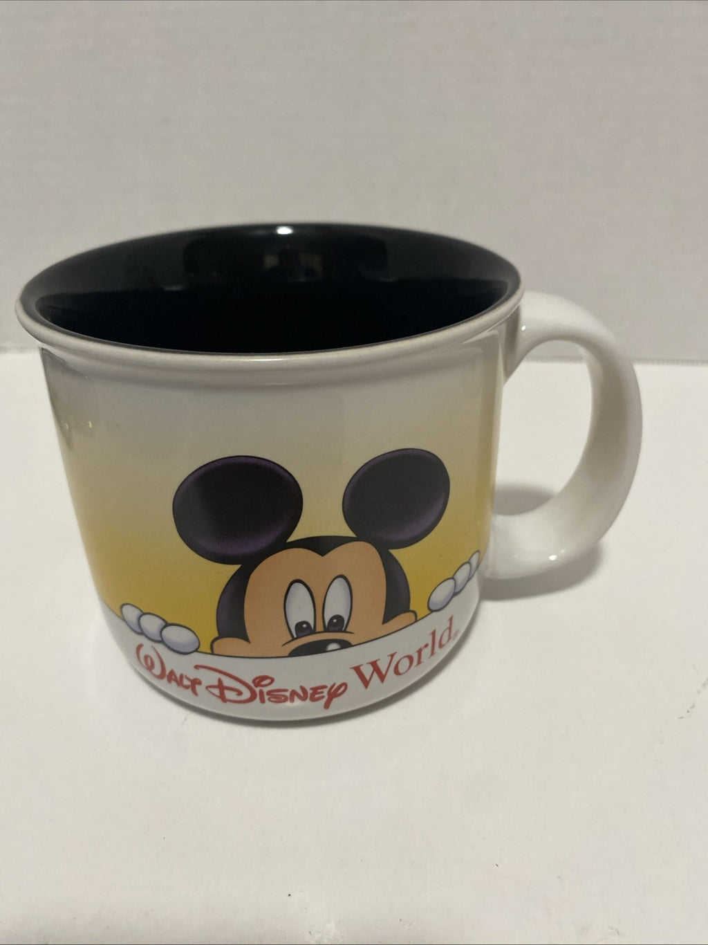 Disney Mickey Mouse Coffee Mug Yellow White Black Interior WDW Ceramic