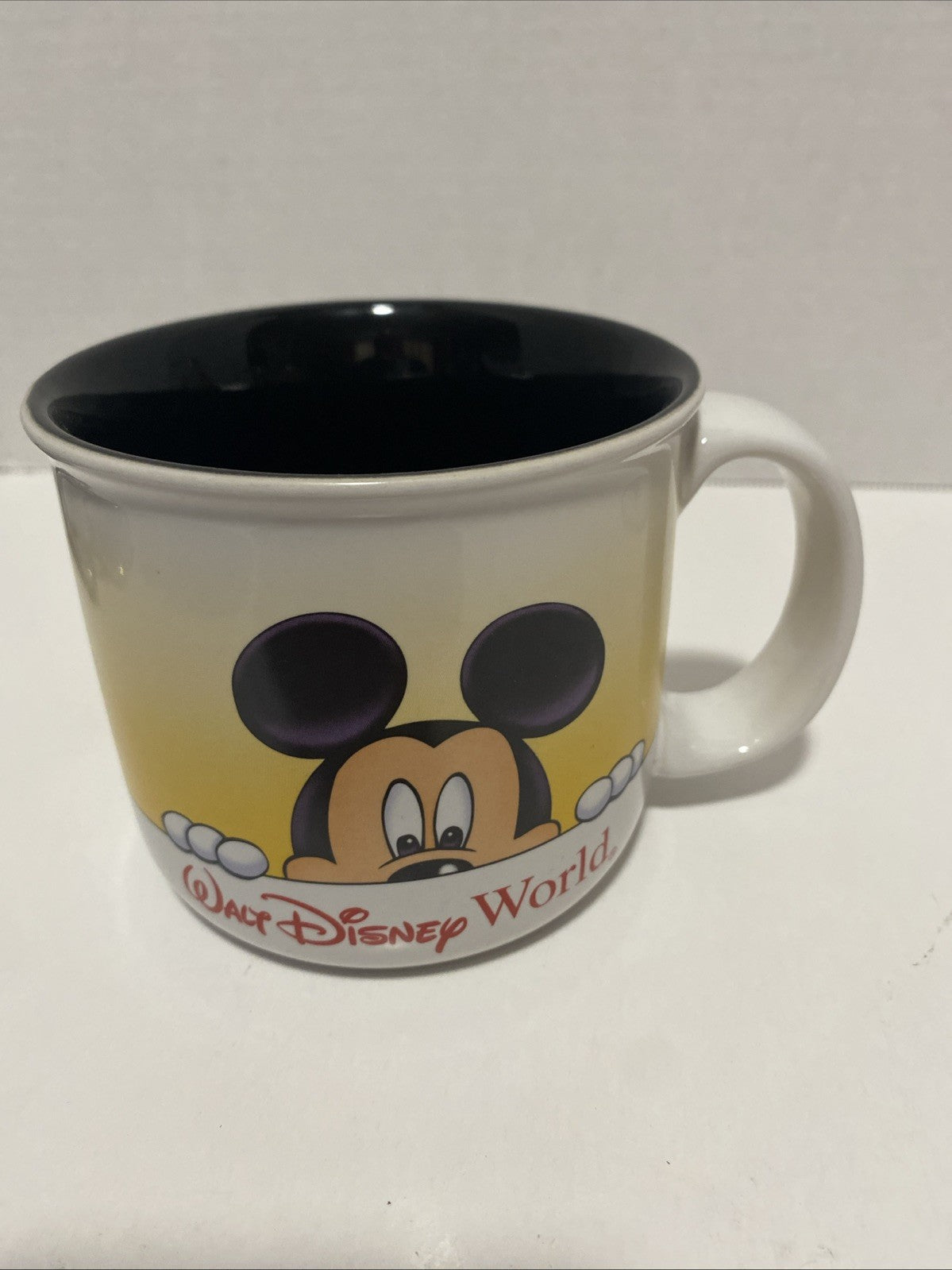 Disney Mickey Mouse Coffee Mug Yellow White Black Interior WDW Ceramic