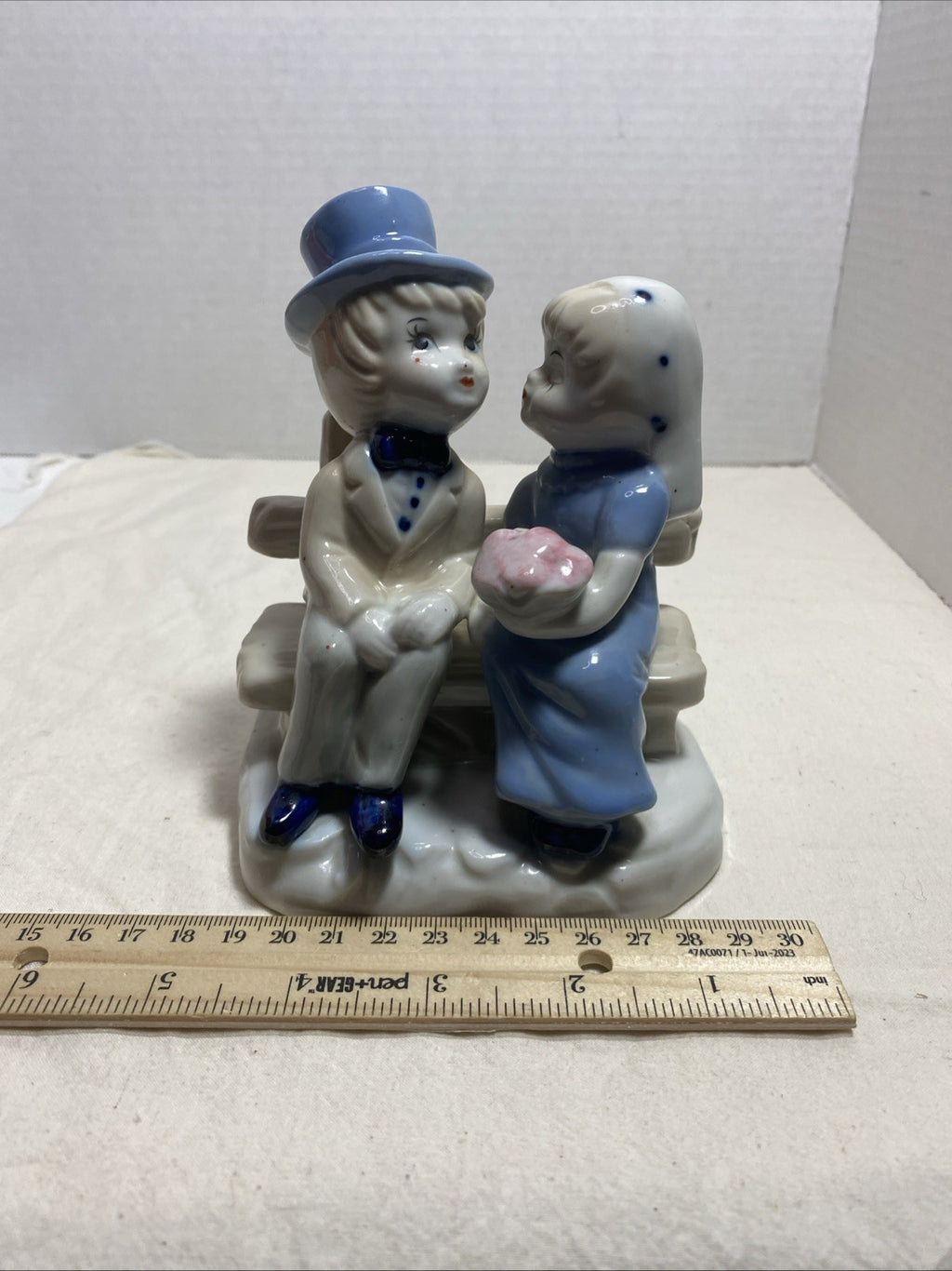Vintage Bride And Groom Couple On Bench Porcelain Ready For Kiss