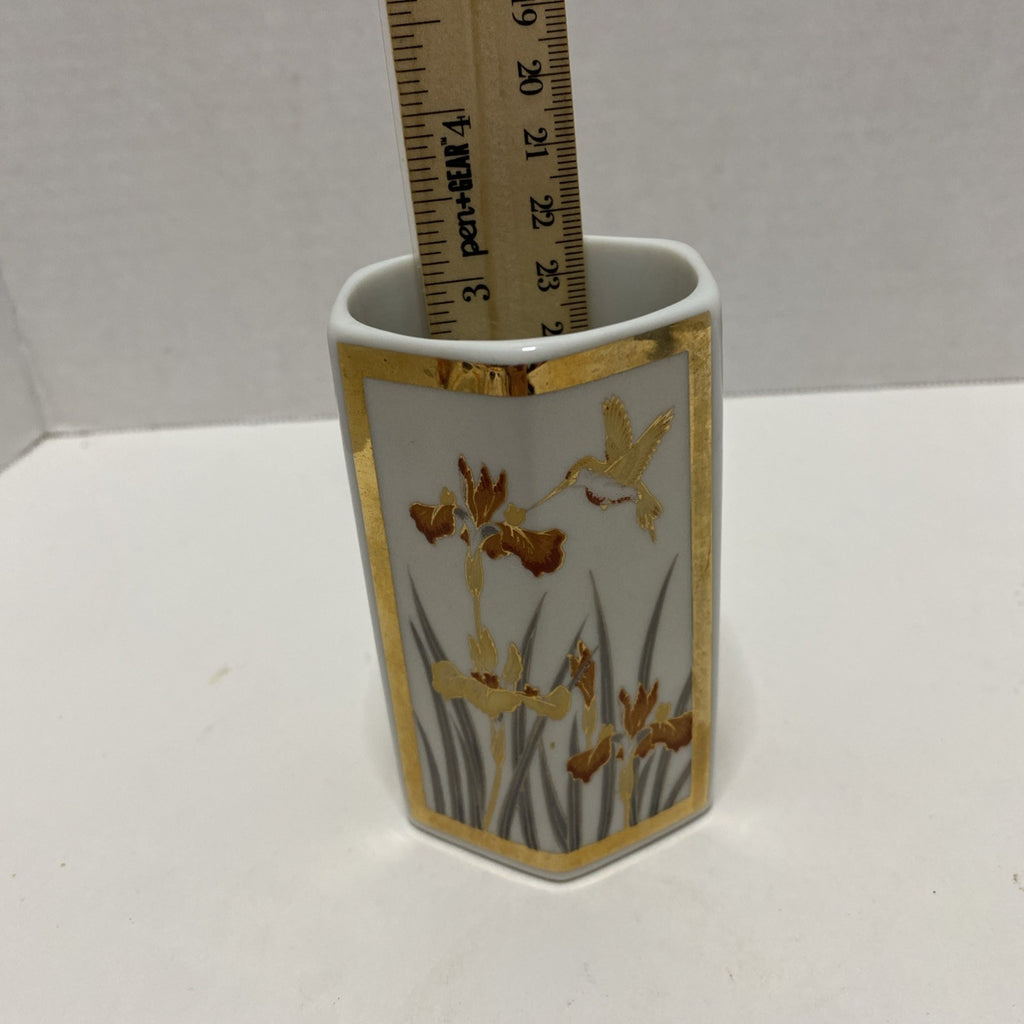 Vintage Gold Hummingbird Iris Orchid  Hexagonal Ceramic Bud Vase