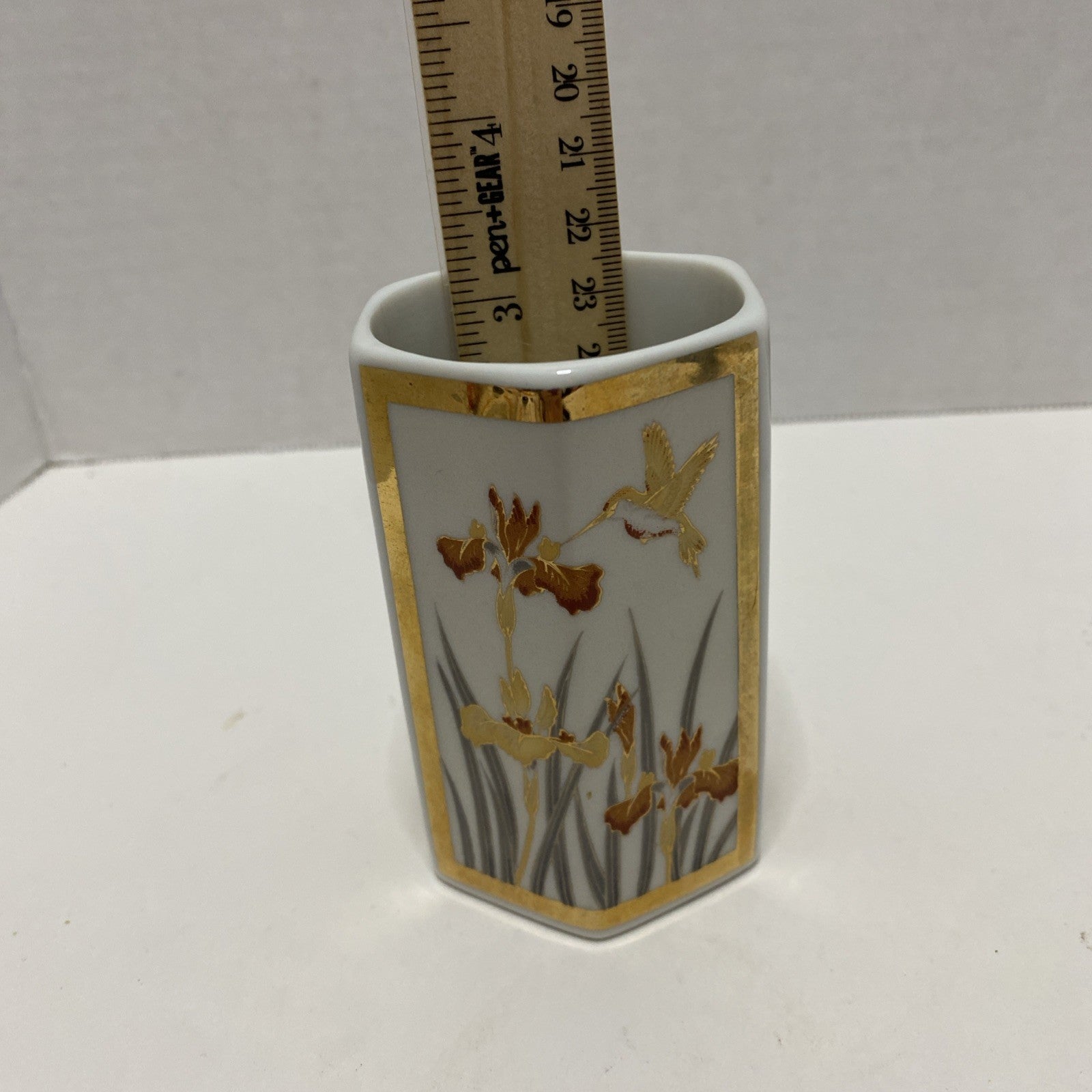 Vintage Gold Hummingbird Iris Orchid  Hexagonal Ceramic Bud Vase