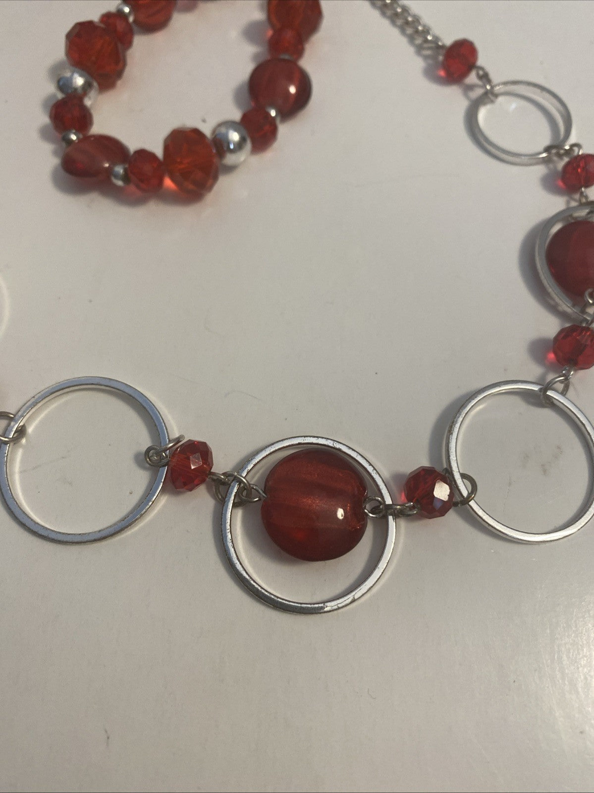 gemstone necklace pendant red clear balls w diamonties bracelet, and earring set