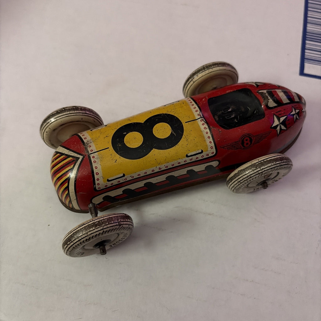 Vintage Lupor Red Yellow Toy Tin Race Car no. 8 No Driver