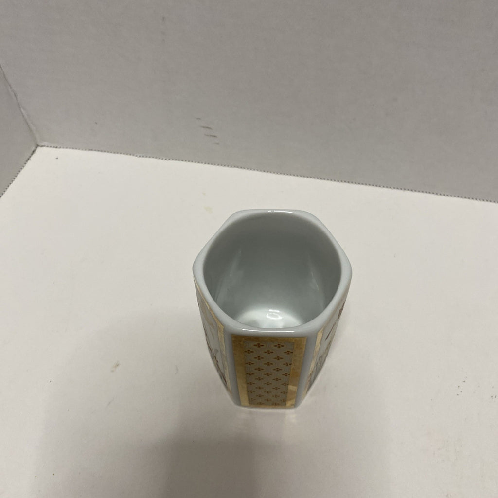 Vintage Gold Hummingbird Iris Orchid  Hexagonal Ceramic Bud Vase