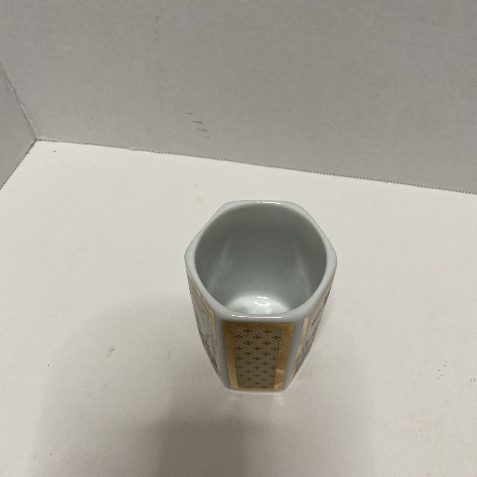 Vintage Gold Hummingbird Iris Orchid  Hexagonal Ceramic Bud Vase
