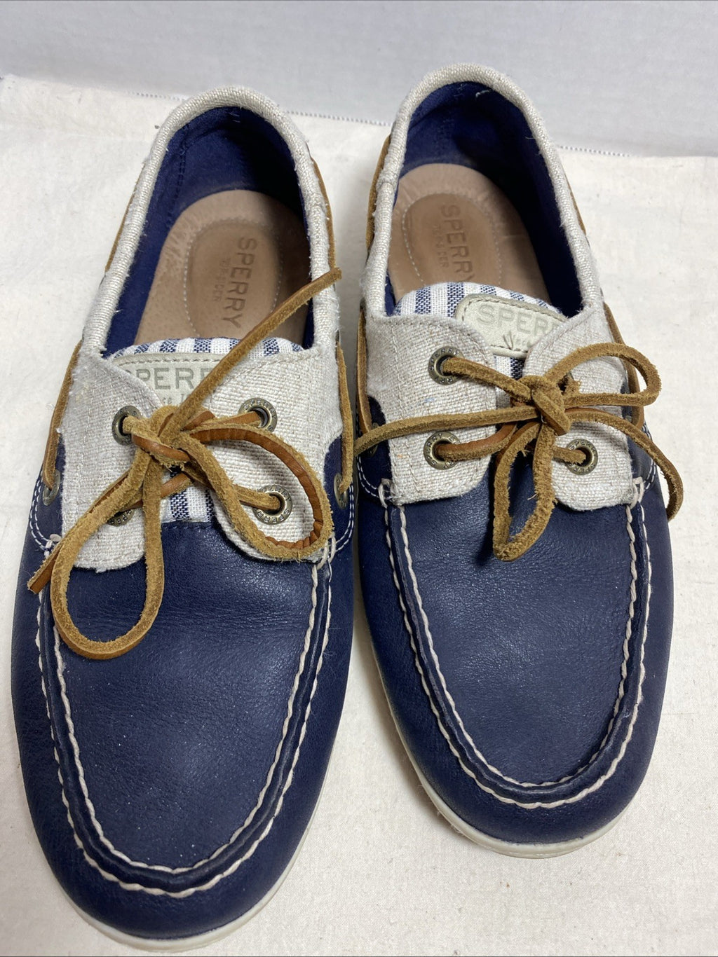 Sperry Koifish Blue Leather Boat Shoes Navy Stripe Canvas  Womens 7.5M