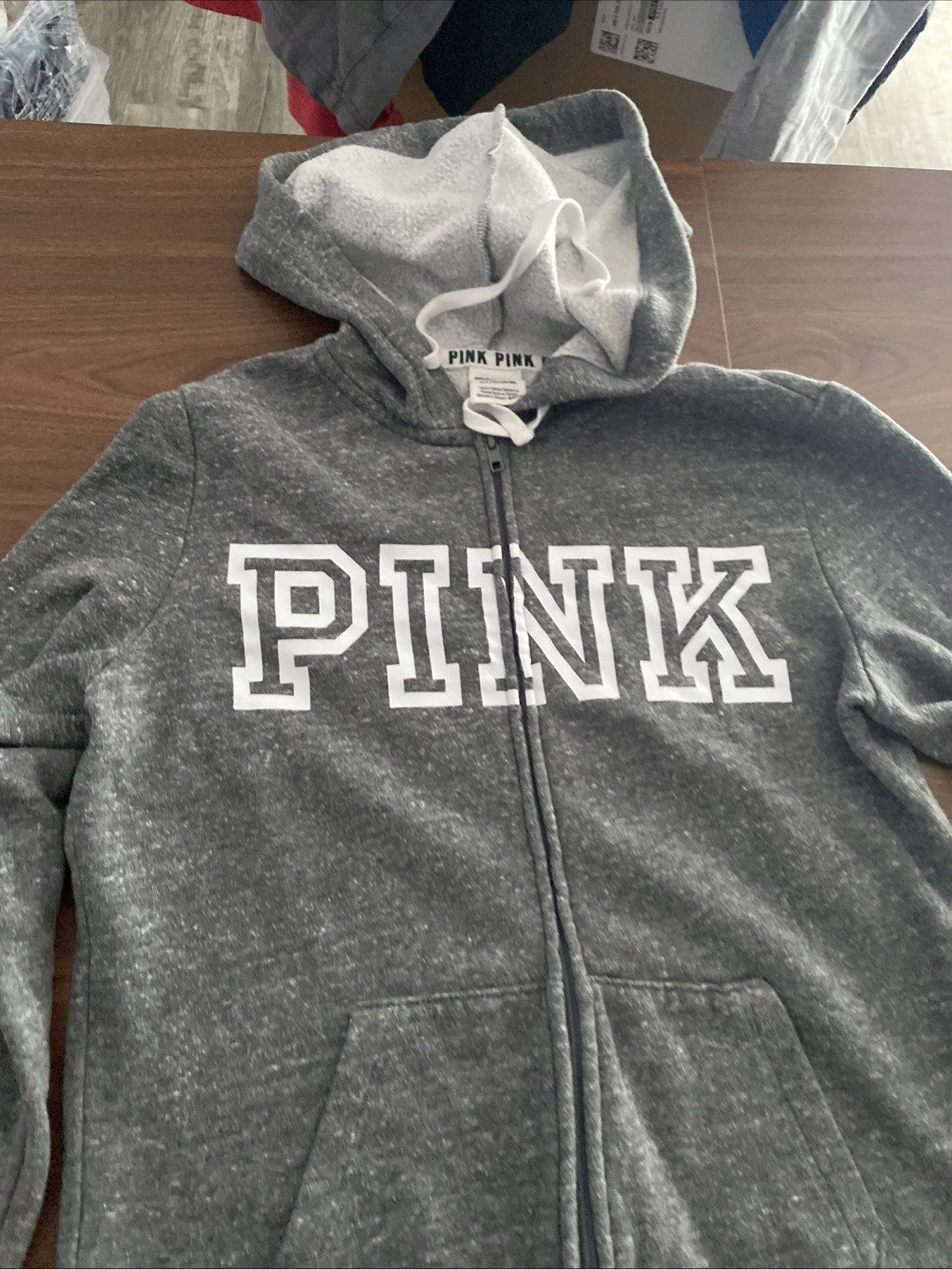 PINK Women Sweatshirt Small Gray Hoodie Logo Spellout Full Zip