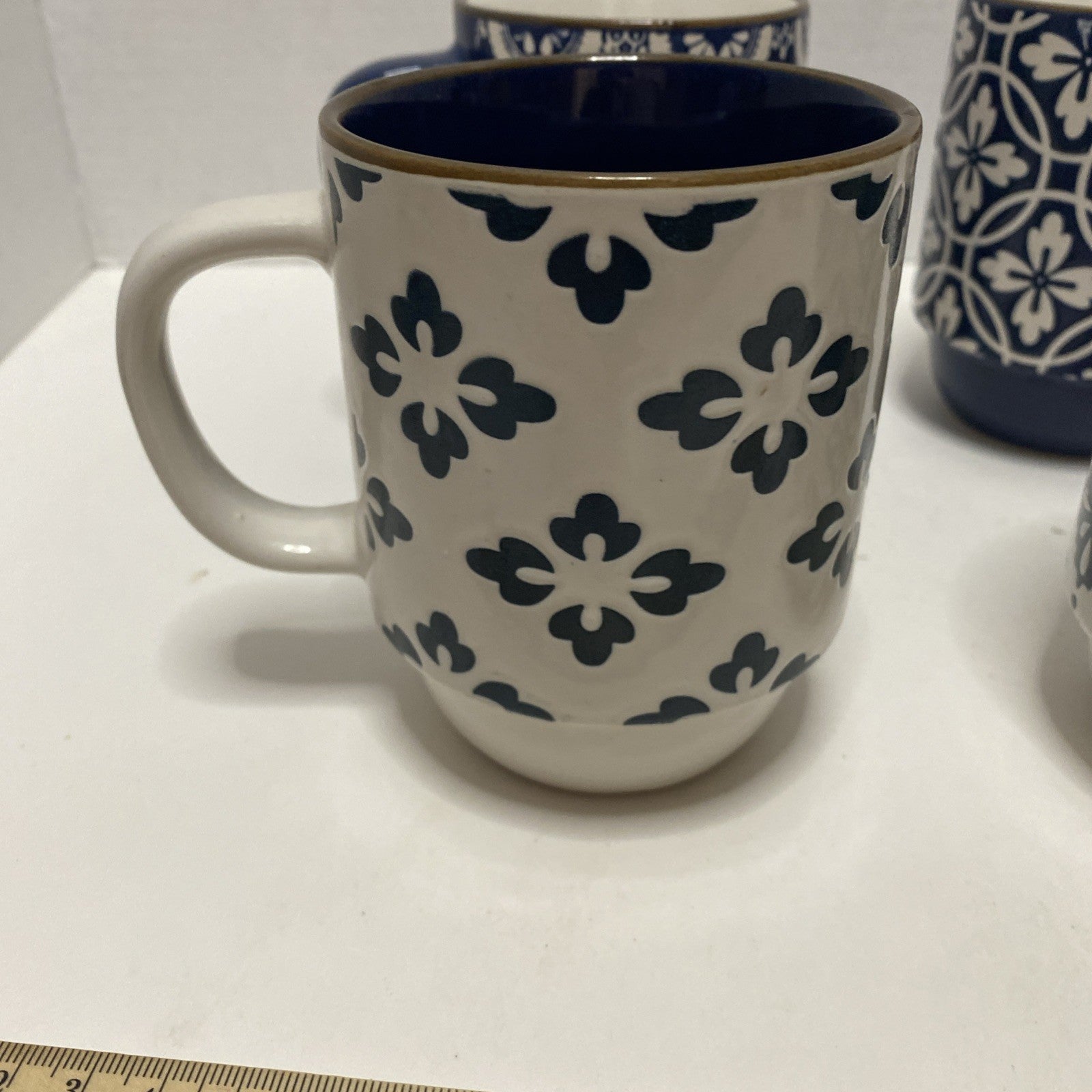 Boston Warehouse Set of 4Blue Print on White Stackable Coffee Mugs