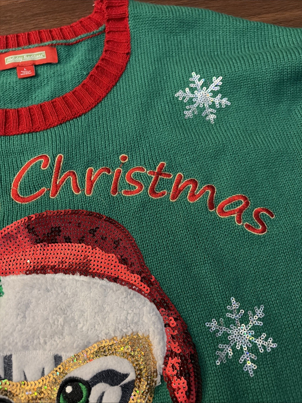 Isela Womens Meowy Christmas Sweater Cat Sequin Bells Pom Pom Multicolor Large