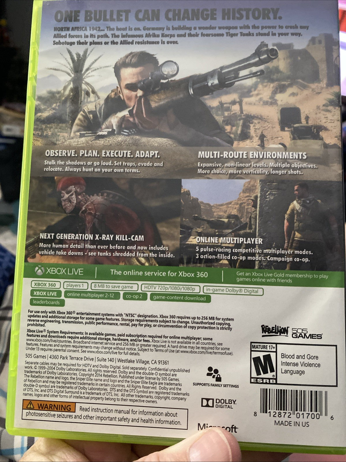 Microsoft XBOX 360 Sniper Elite III Video Game/Very Good Condition/Pre-owned