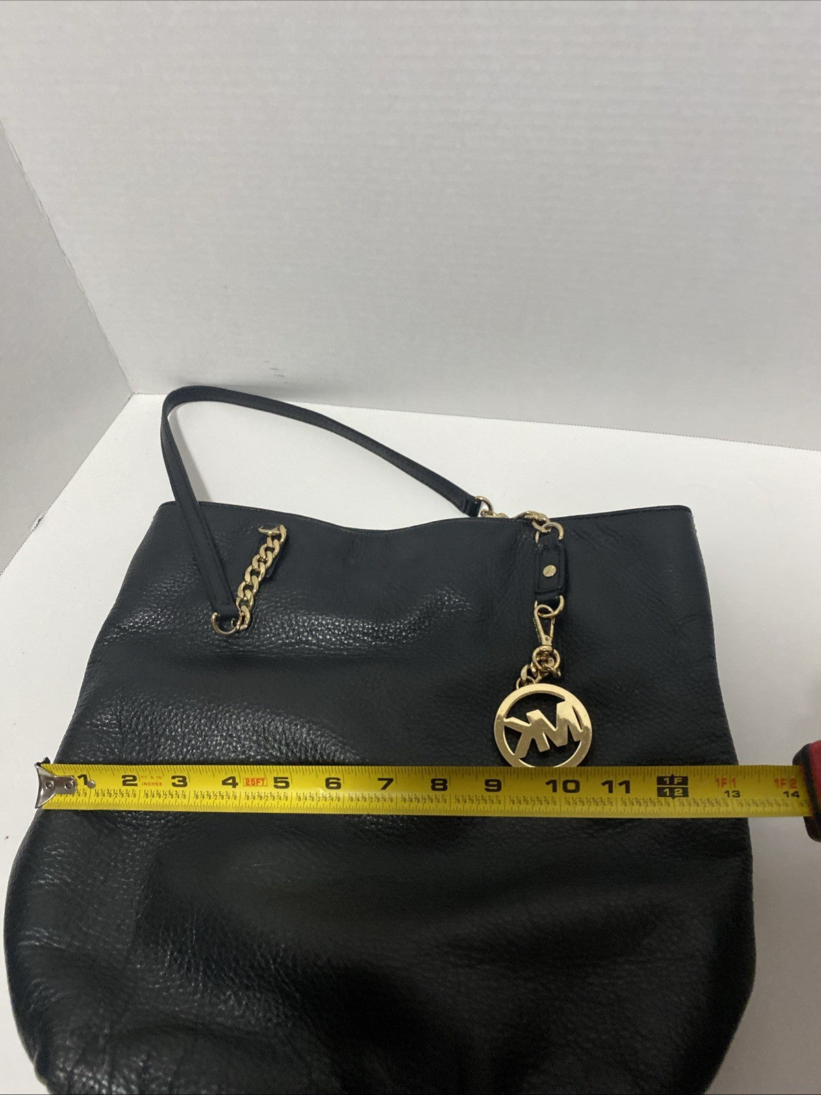 Michael Kors Black Pebbled Leather Handbag Purse Gold Medallion MK Chain EUC