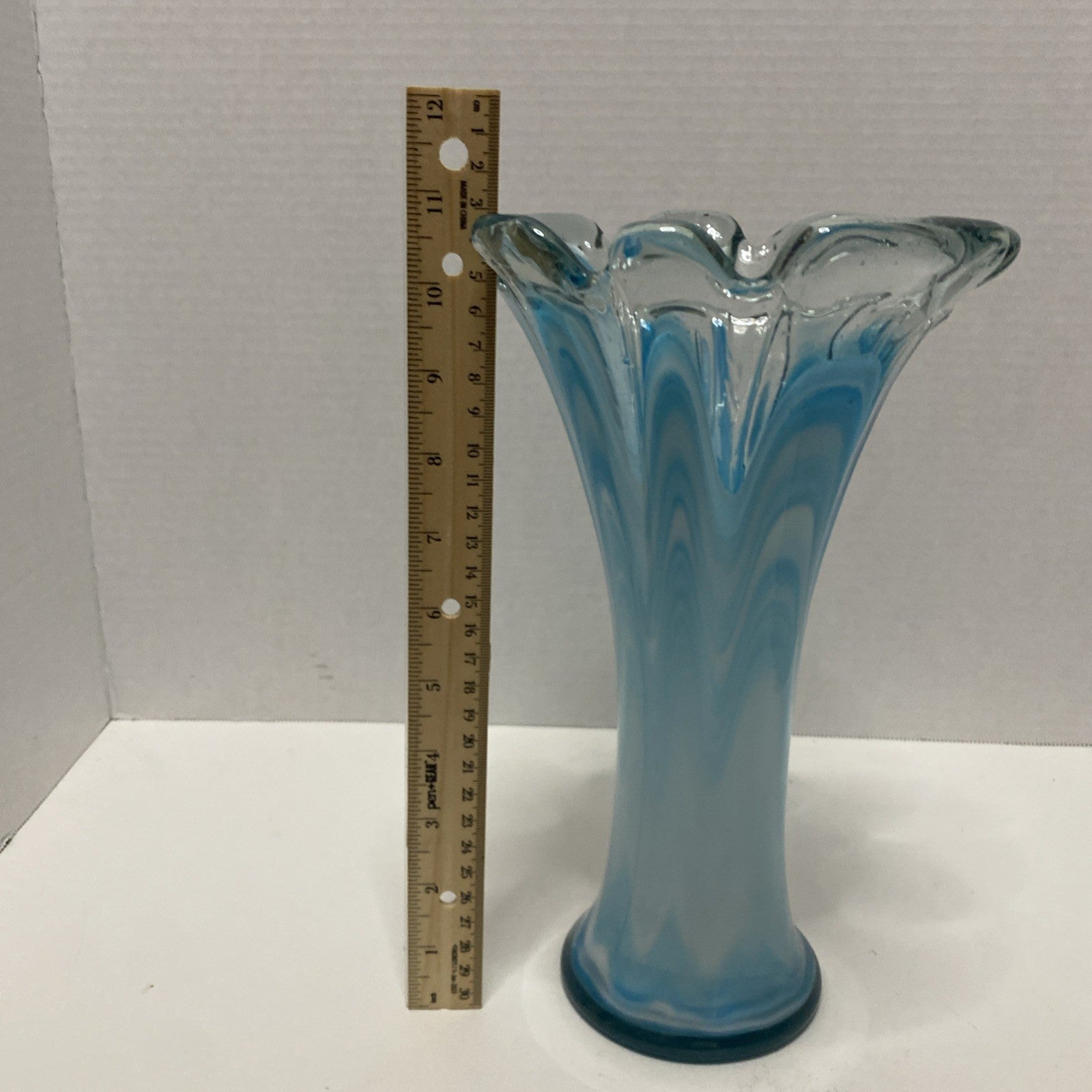 Vintage Hand Blown Art Glass Blue & White Swirl Design 11” Vase