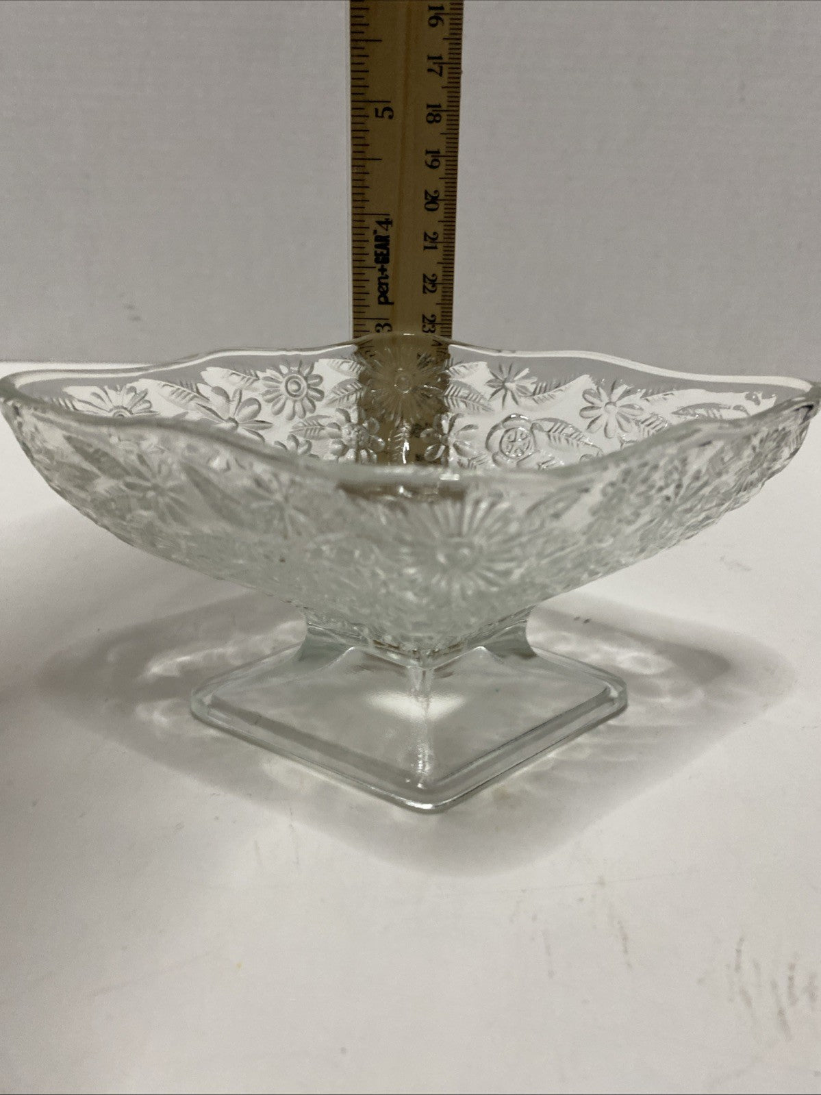 Vintage Clear Indiana Glass Diamond Shaped Footed Floral Nut/Trinket/Candy Dish