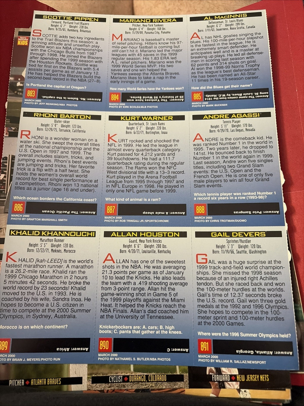 Vintage SI Sports Illustrated Kids Uncut Sheet Cards 883-891 Mariano Rivera