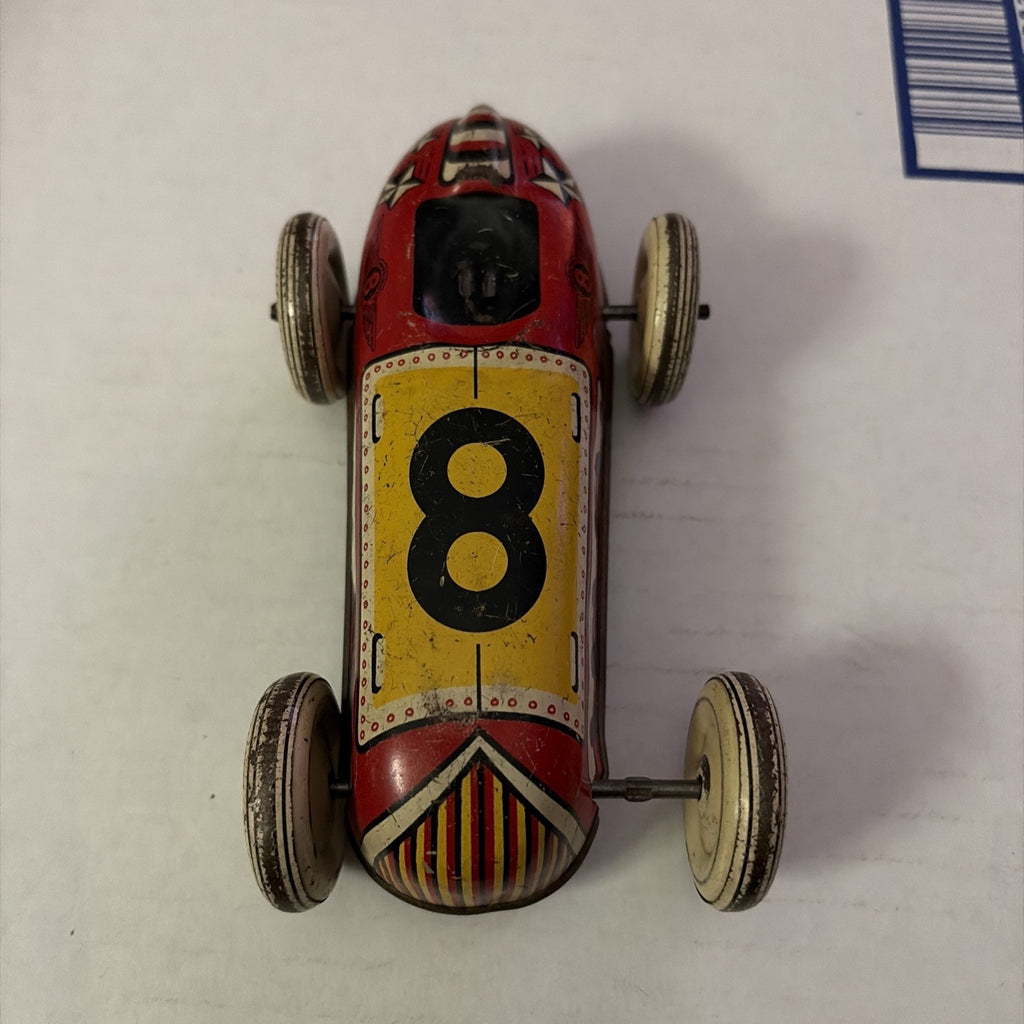 Vintage Lupor Red Yellow Toy Tin Race Car no. 8 No Driver