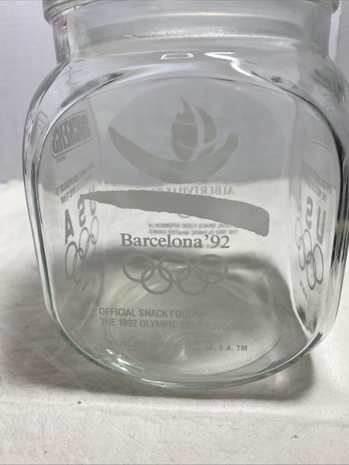 Vintage 1992 OLYMPIC Games SNICKERS Glass Candy Jar with Lid 90s