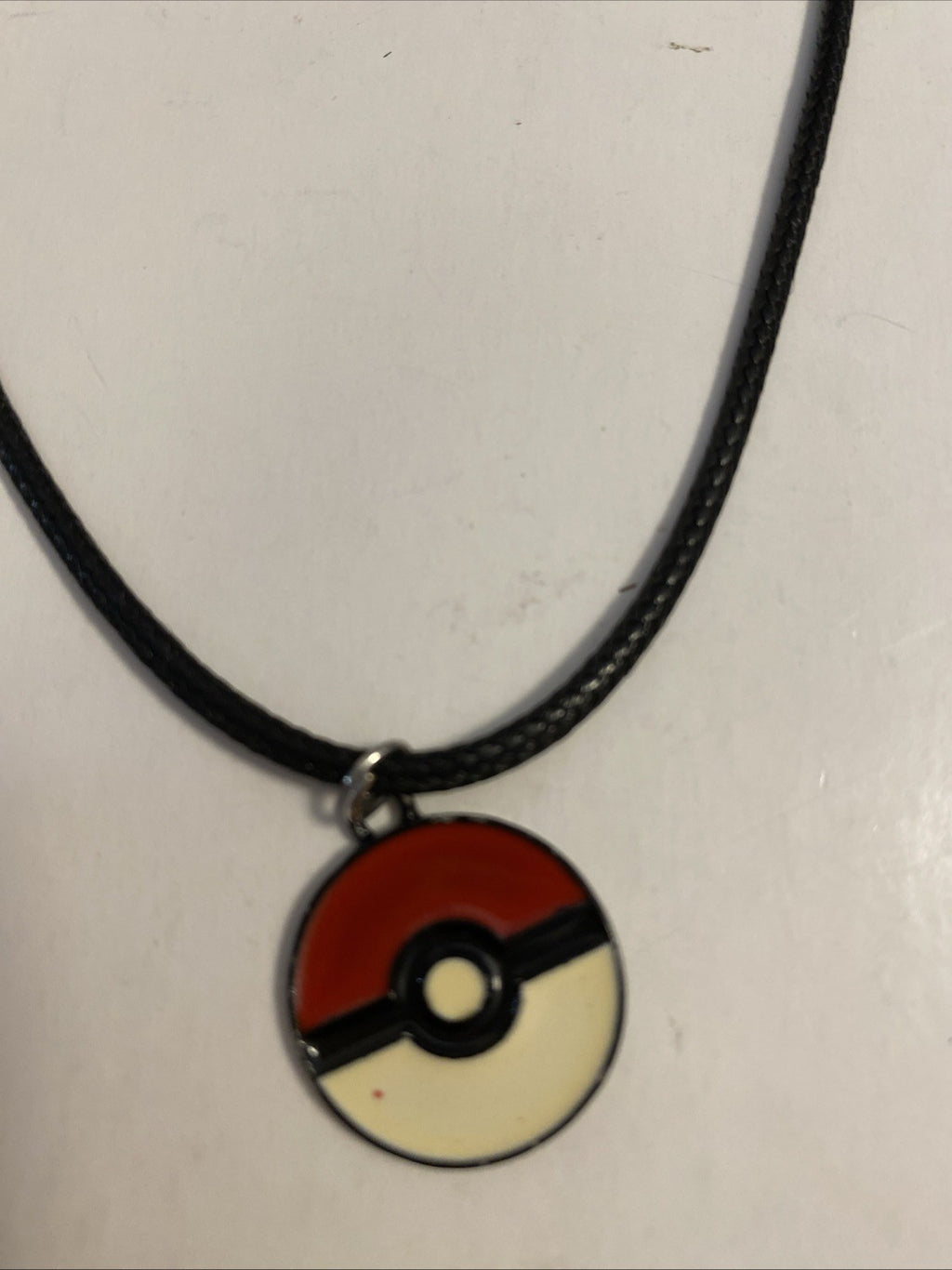 Poke ball pokemon red/ Cream charm necklace videogame jewelry Faux Leather Chain