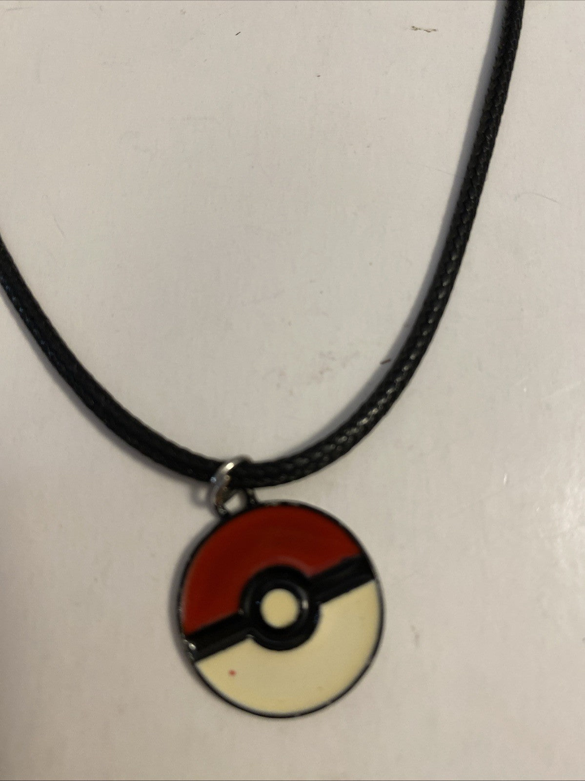 Poke ball pokemon red/ Cream charm necklace videogame jewelry Faux Leather Chain
