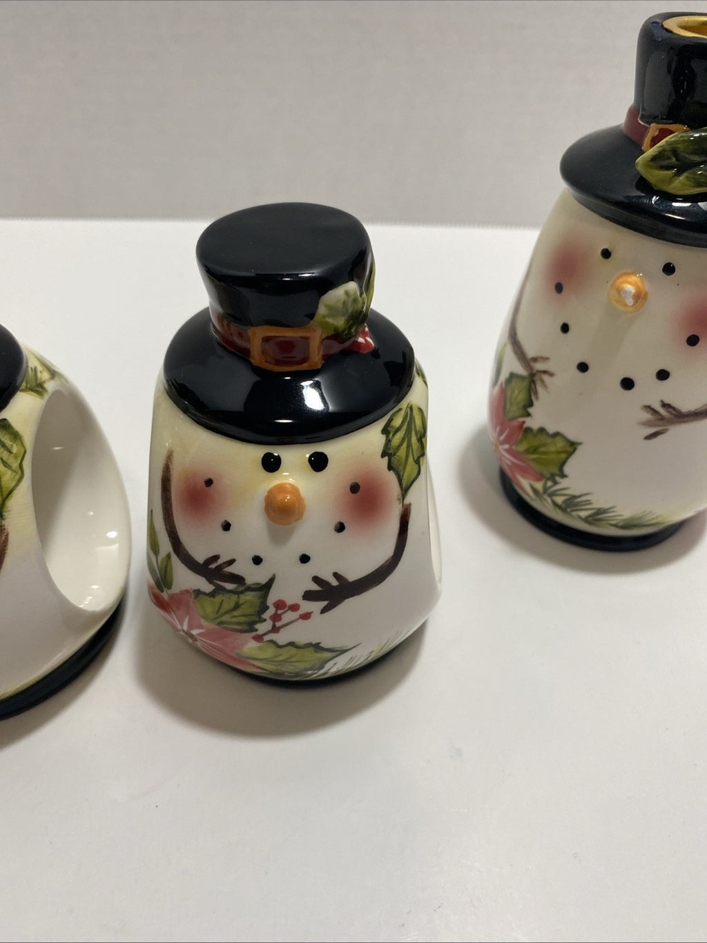 Lot Of 2 Poinsettia Snowman Napkin Ring Holders And 2 Candle Holders
