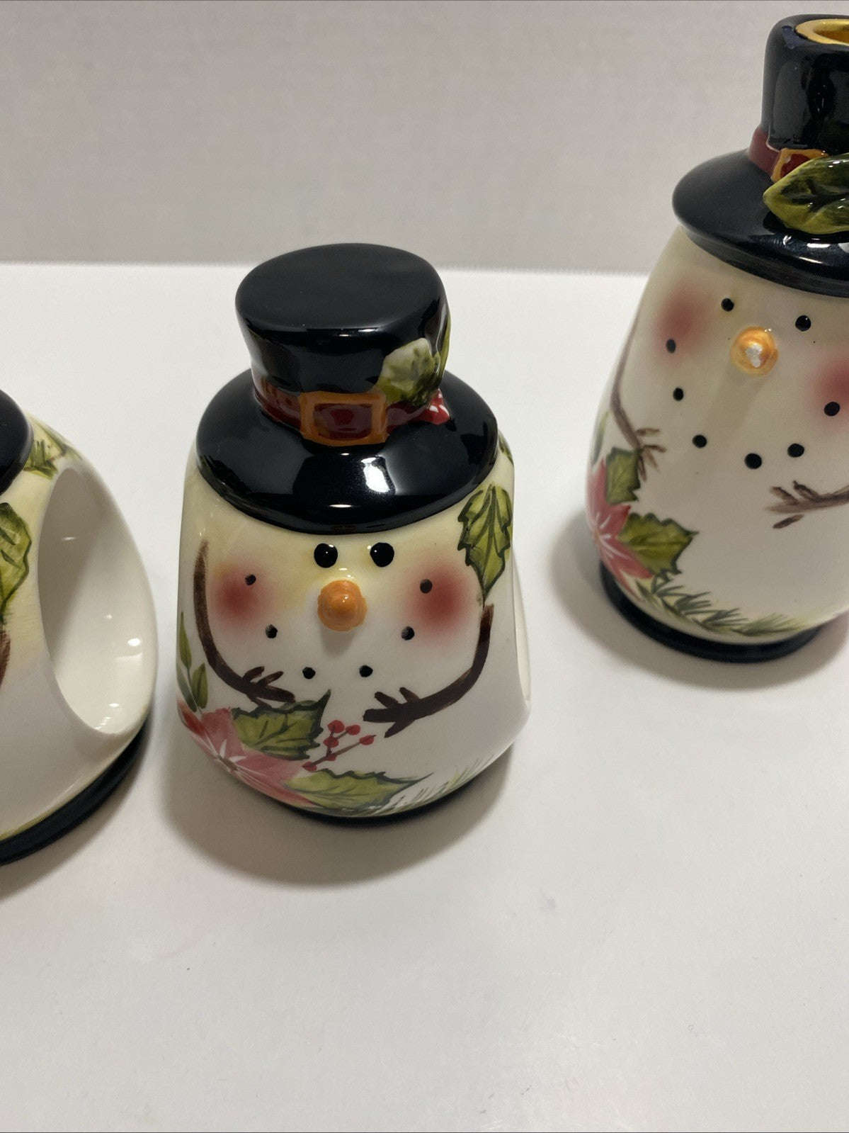 Lot Of 2 Poinsettia Snowman Napkin Ring Holders And 2 Candle Holders