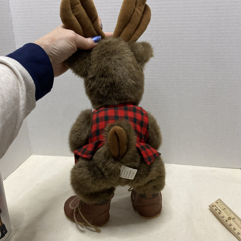 Hallmark Lumberjack Moose Stuffed Animal Plaid Vest Boots Winter Plush VTG 14"