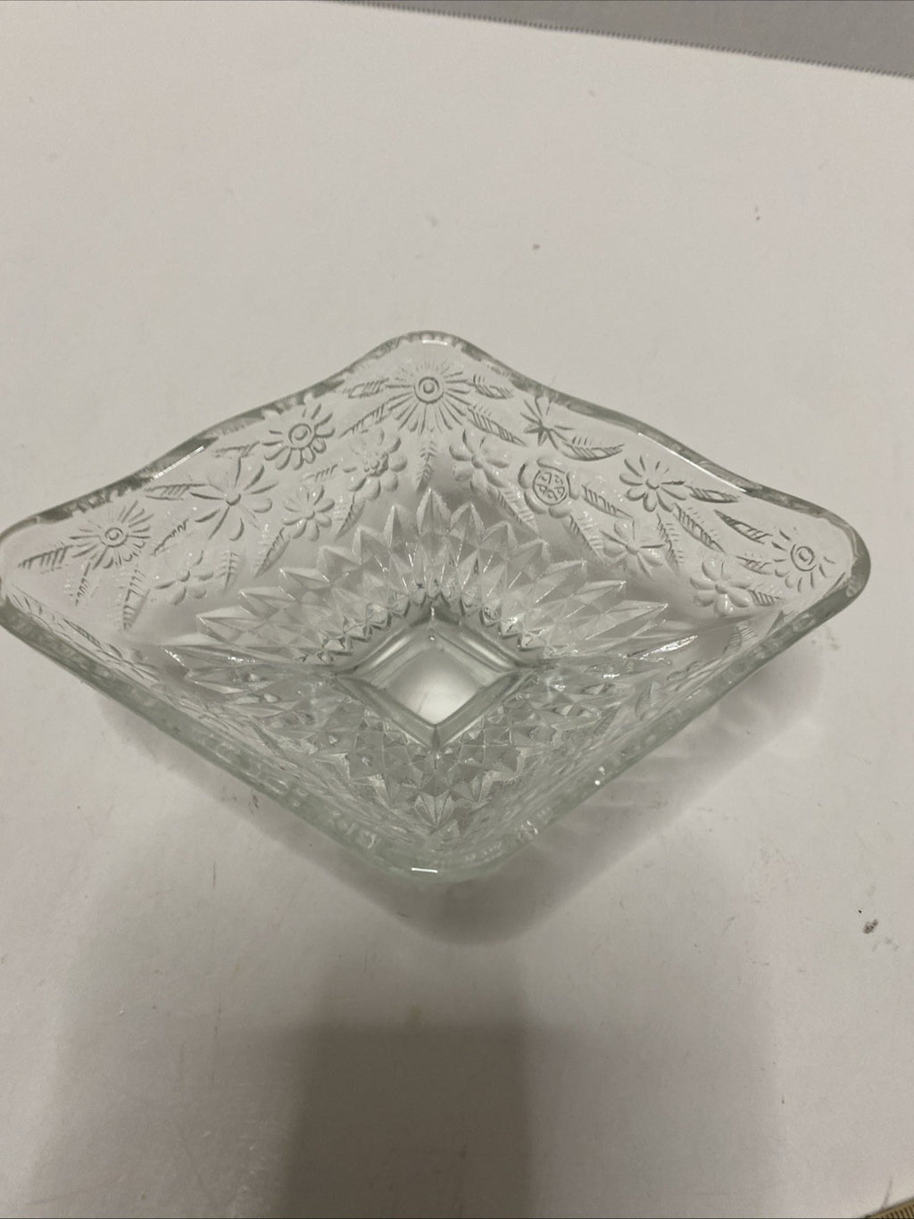 Vintage Clear Indiana Glass Diamond Shaped Footed Floral Nut/Trinket/Candy Dish