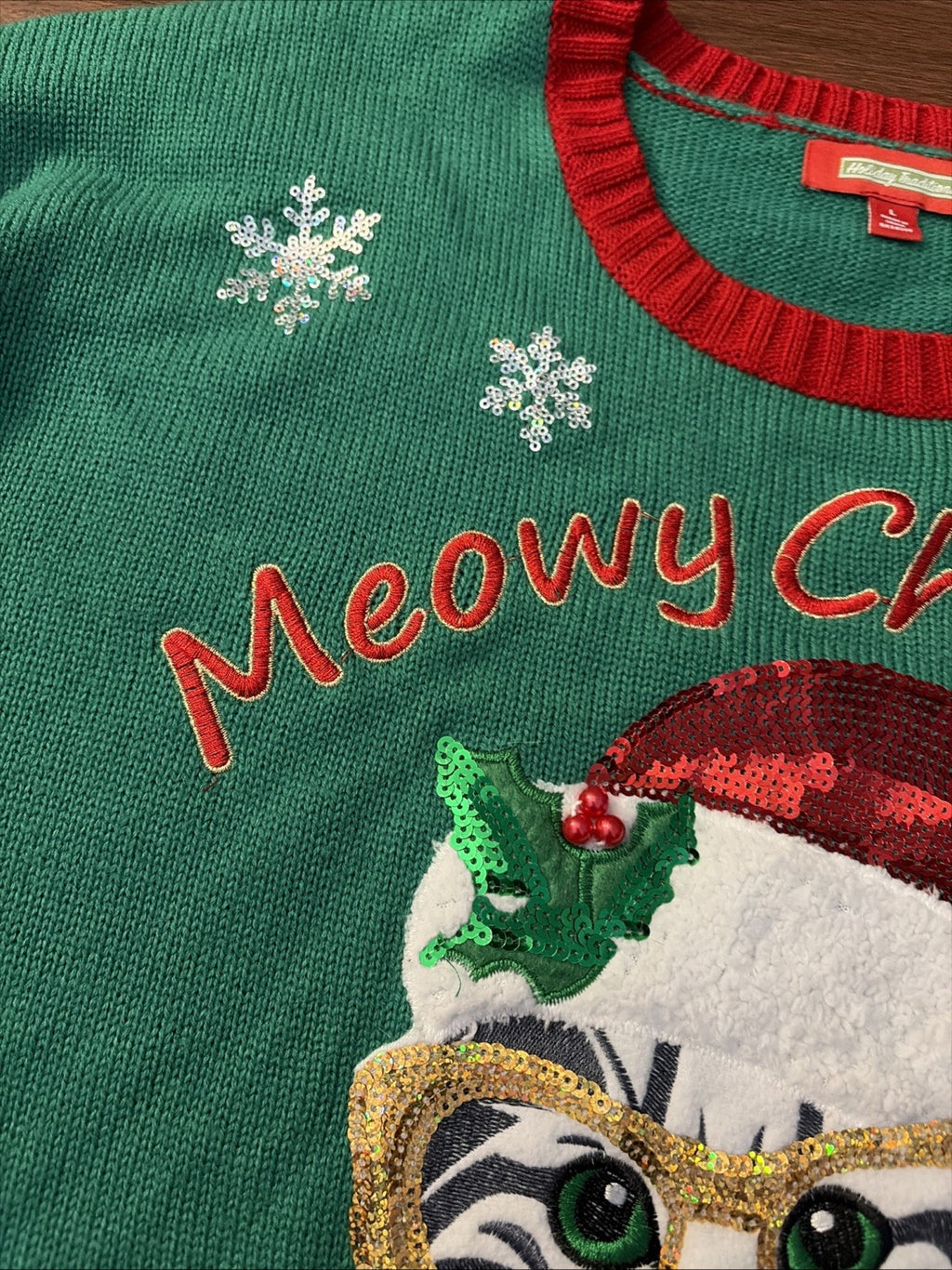 Isela Womens Meowy Christmas Sweater Cat Sequin Bells Pom Pom Multicolor Large