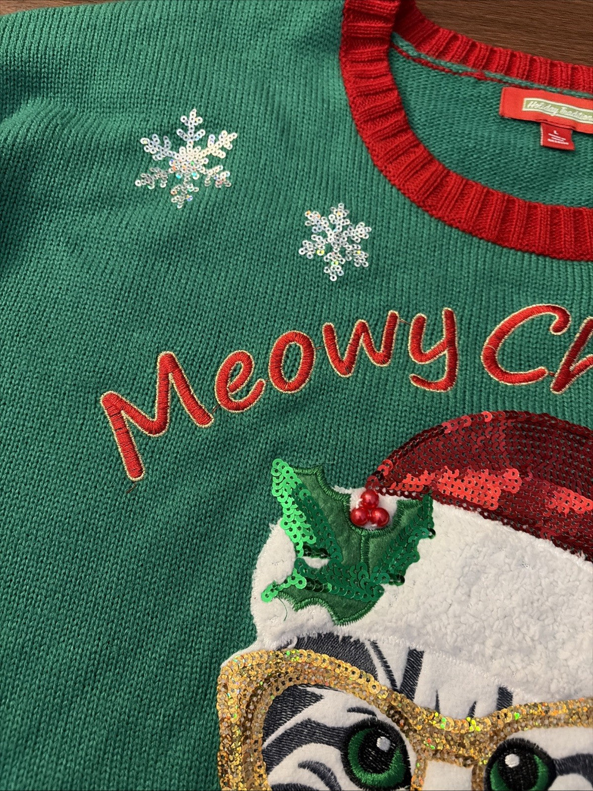 Isela Womens Meowy Christmas Sweater Cat Sequin Bells Pom Pom Multicolor Large