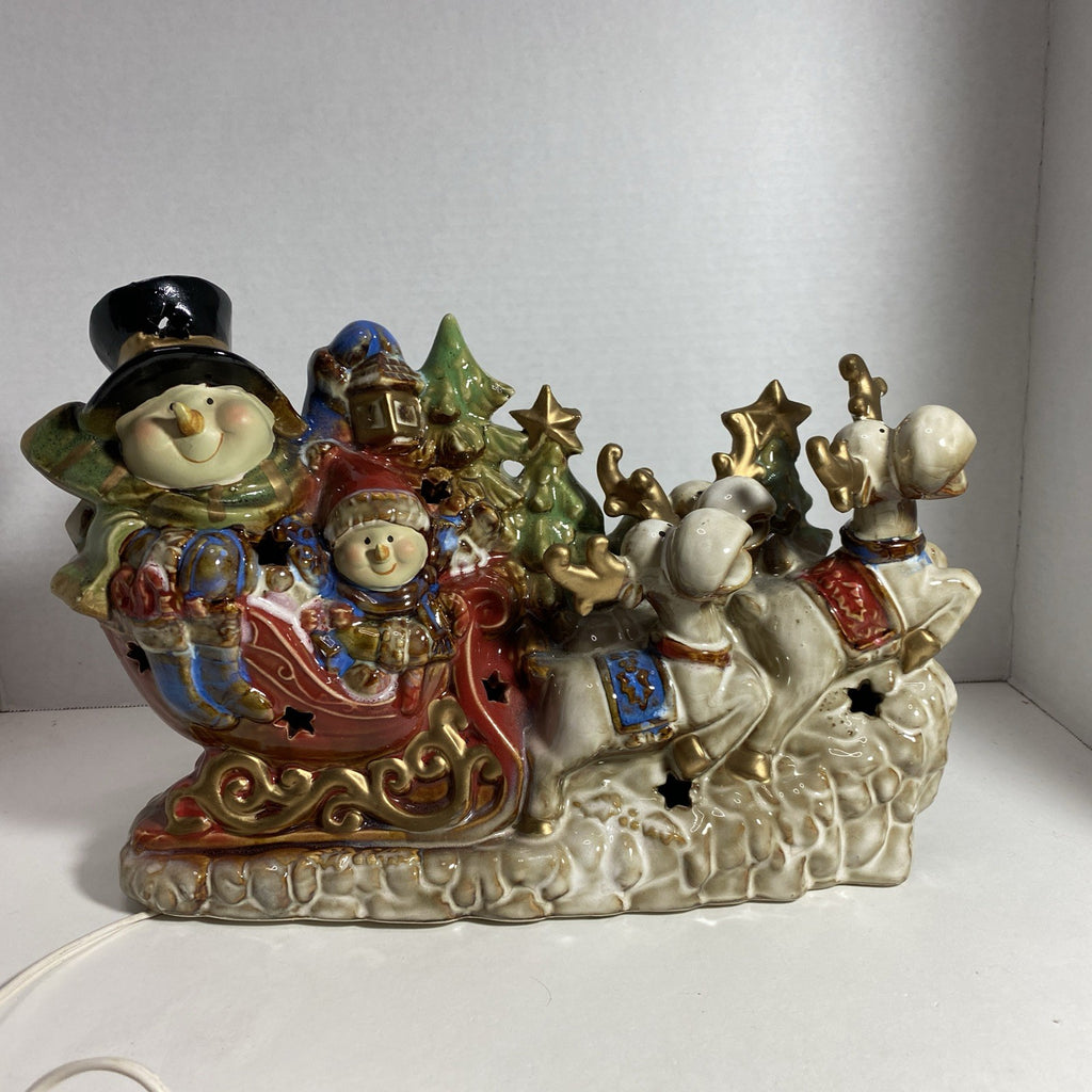Kirklands Potter's Garden Snowman Sleigh Night Light Featuring Reindeer