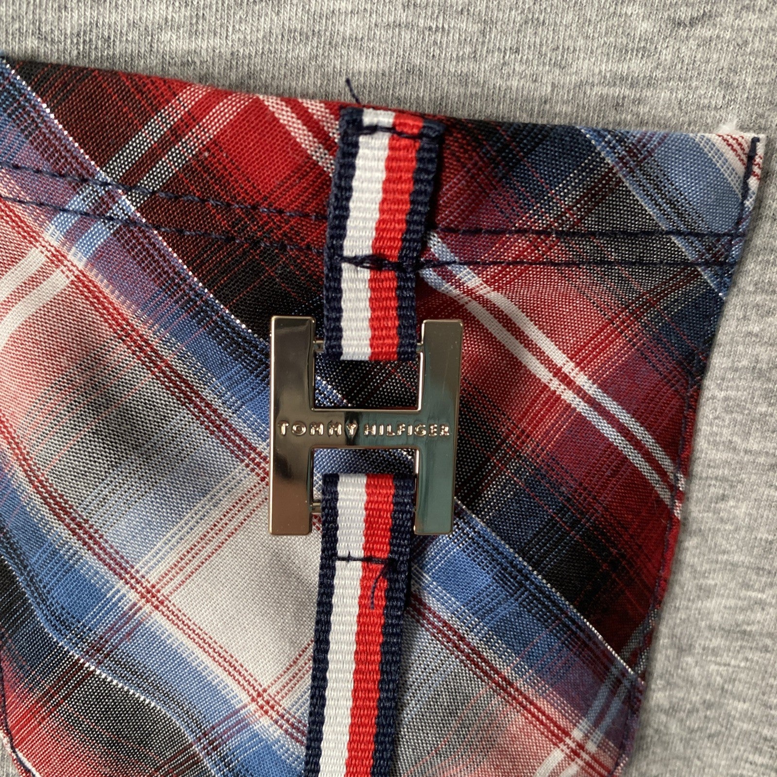 Tommy Hilfiger 3/4 Sleeve Gray Crewneck T-Shirt Plaid Chest Pocket Womens XL