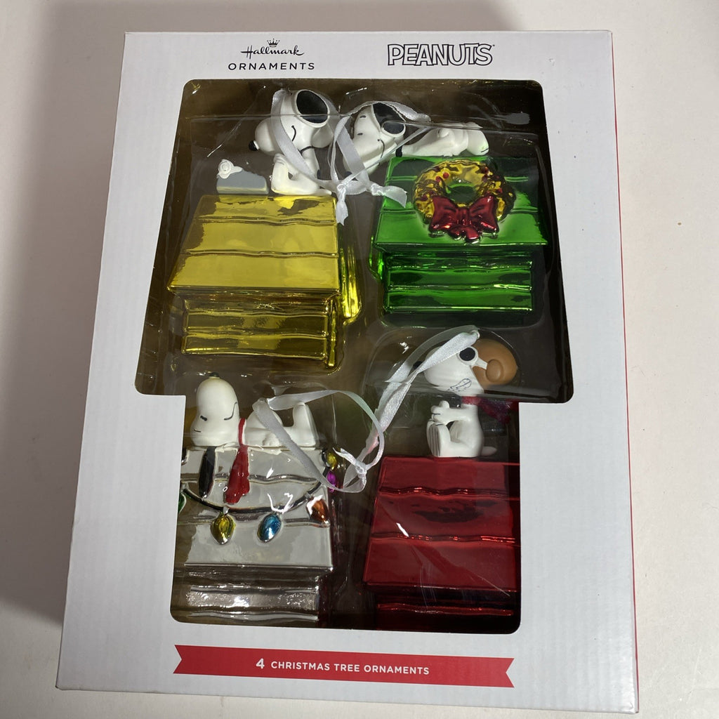 NEW 2023 HALLMARK SET OF 4 CHRISTMAS GLASS ORNAMENTS PEANUTS SNOOPY DOGHOUSE 5"