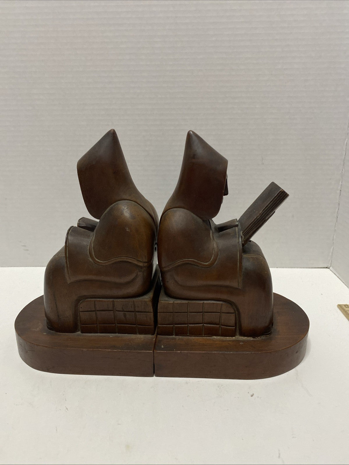 Vintage Hand Carved Wooden Monk Bookends Mid century dark wood christian hermit