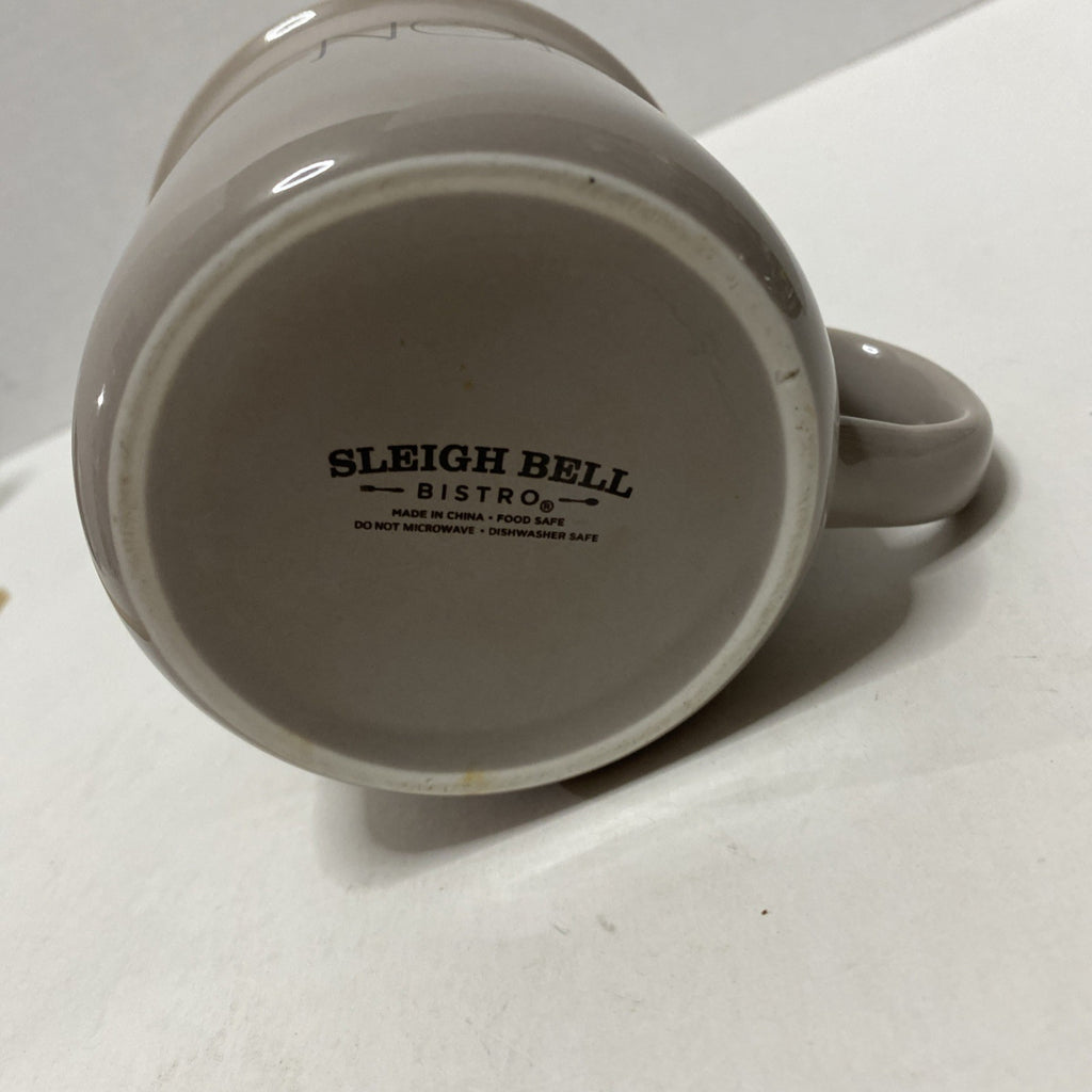 Sleigh Bell Bistro NOEL Christmas Holiday Taupe Porcelain Coffee Tea Mug Cup