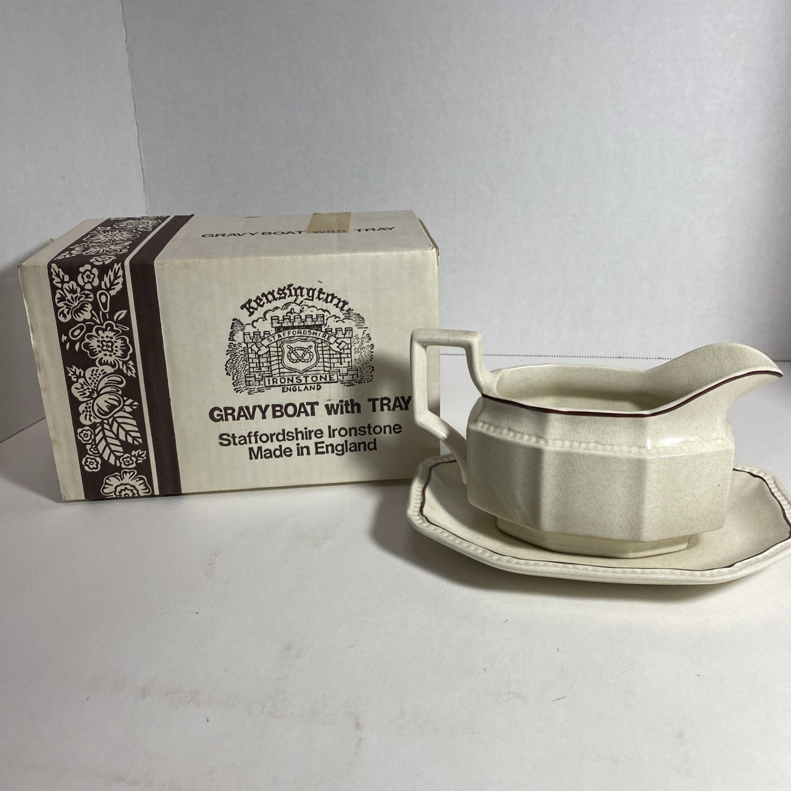 Vintage Kensington Staffordshire Ironstone~Gravy Boat w/ Underplate~"Canterbury"