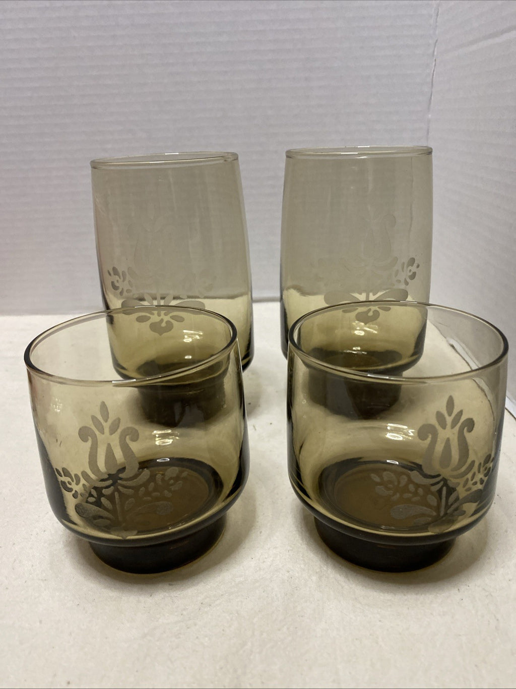Pfaltzgraff Village Brown Rocks  Glasses  Smoked Etched Libbey Set Of 4