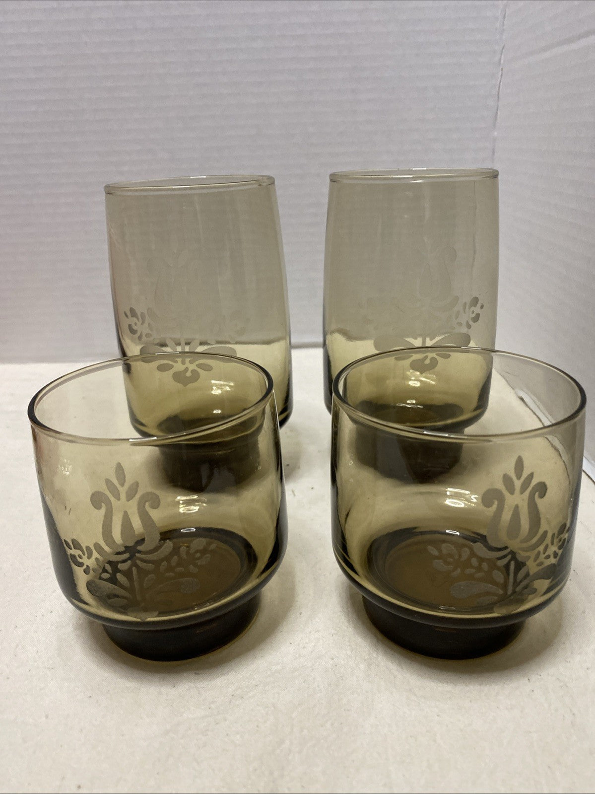 Pfaltzgraff Village Brown Rocks  Glasses  Smoked Etched Libbey Set Of 4