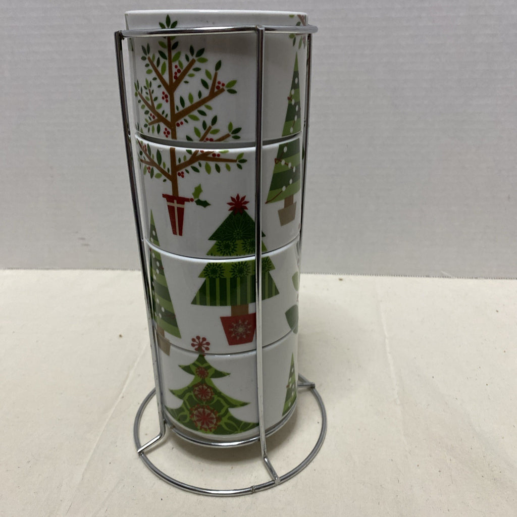 Pier 1 Imports Stacking Christmas Tree Mugs Set of 4 Metal Rack