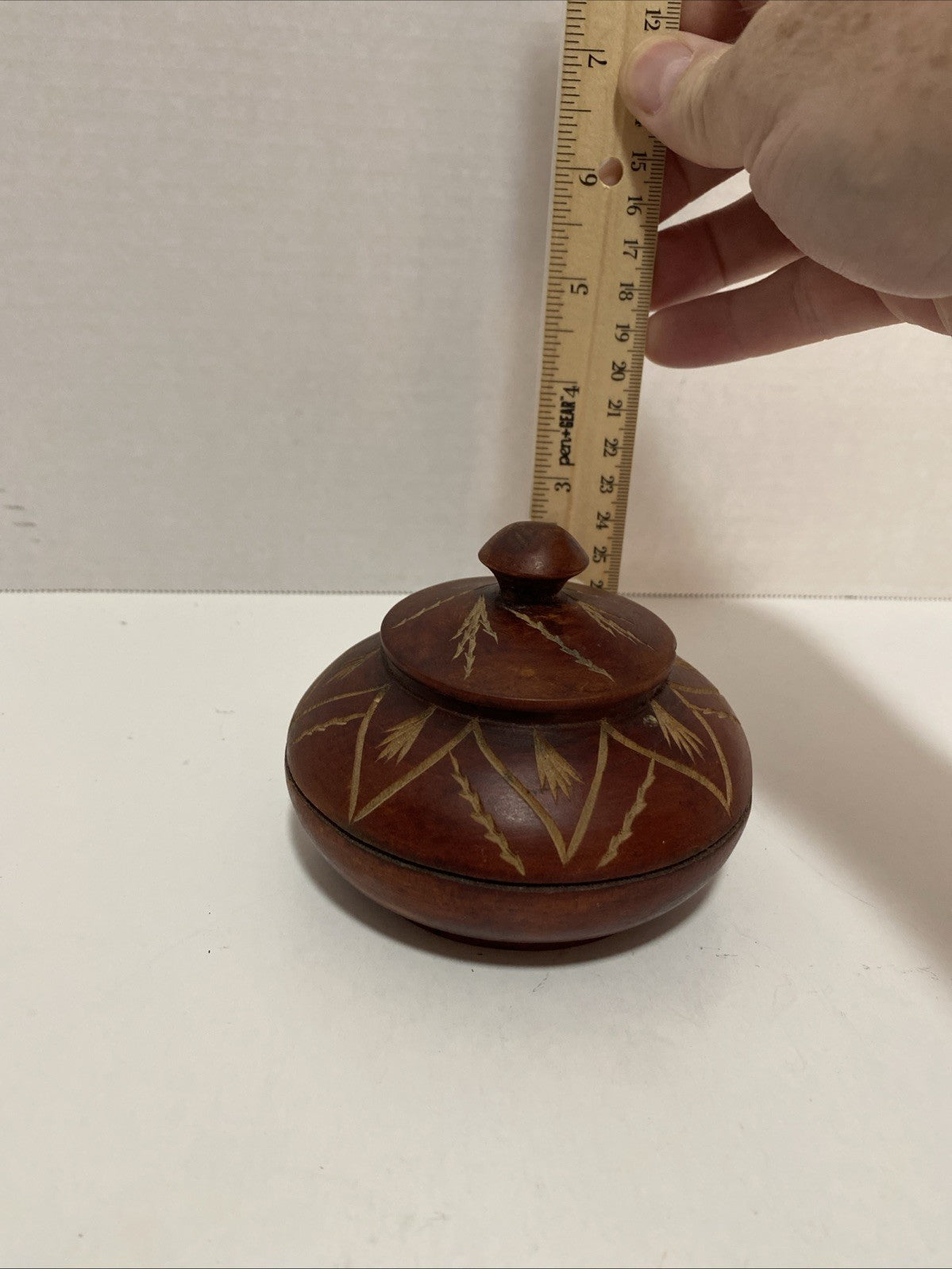 Vintage Hand Carved Wooden Trinket Box With Lid Swirl Design Small 5” Approx