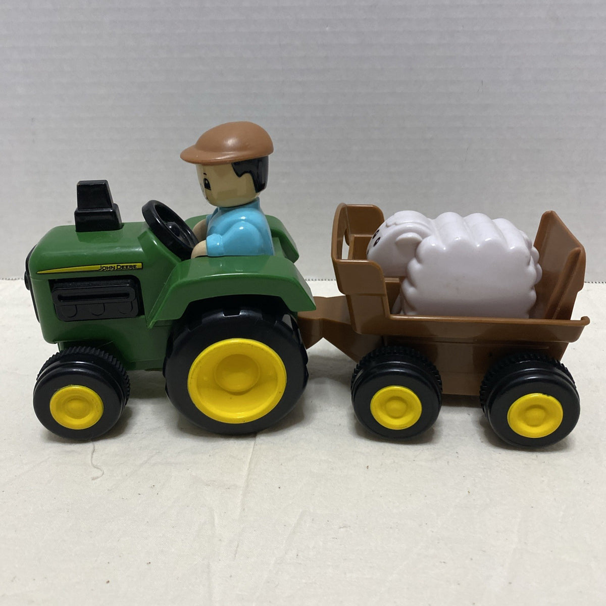 John Deere Preschool Toy Tractor w/ Farmer & Sheep Moves in Trailer w/Pull 