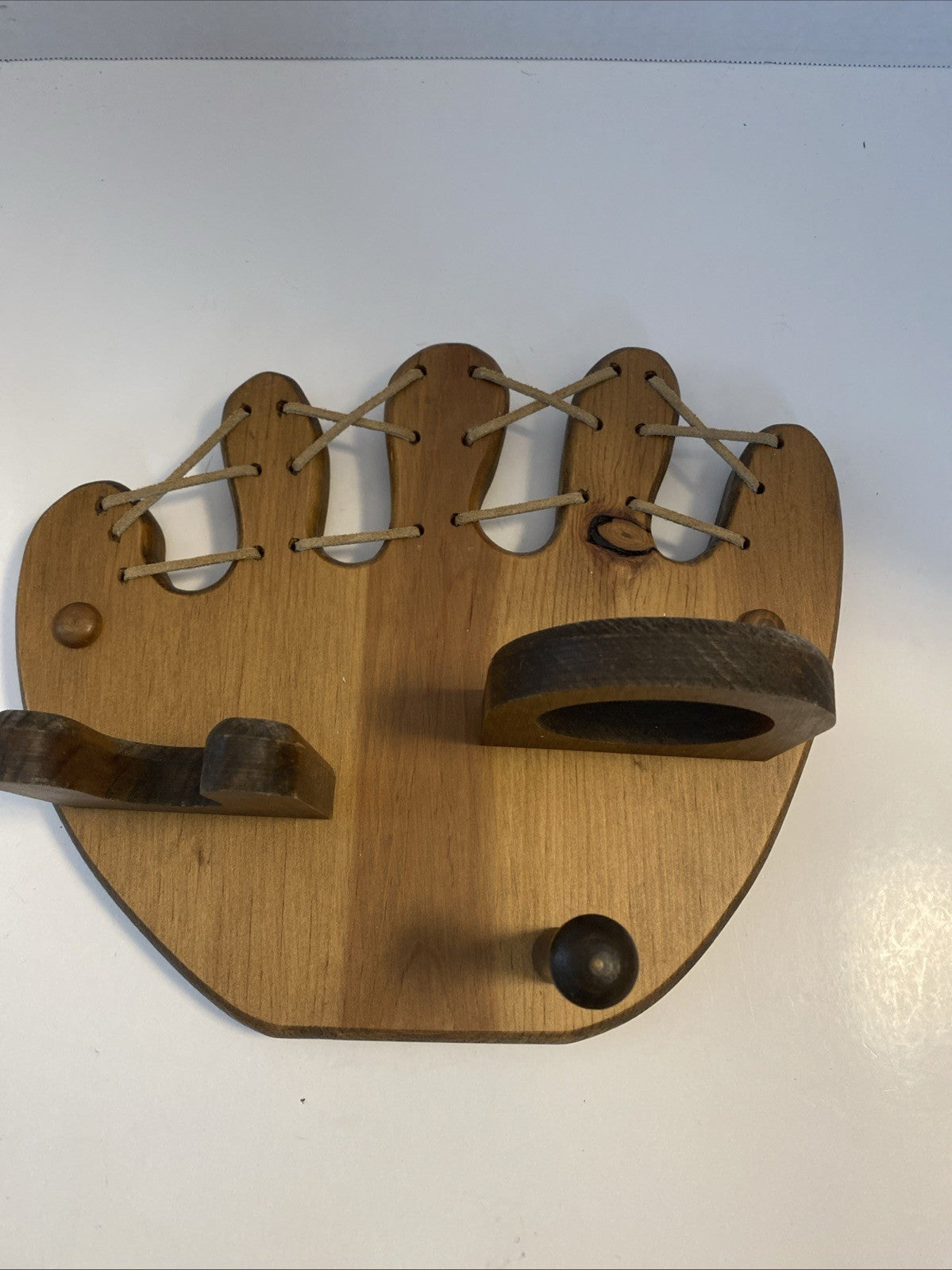 Vintage Wooden Baseball Glove Holder Bat Ball Hat Wall Hanging Mit