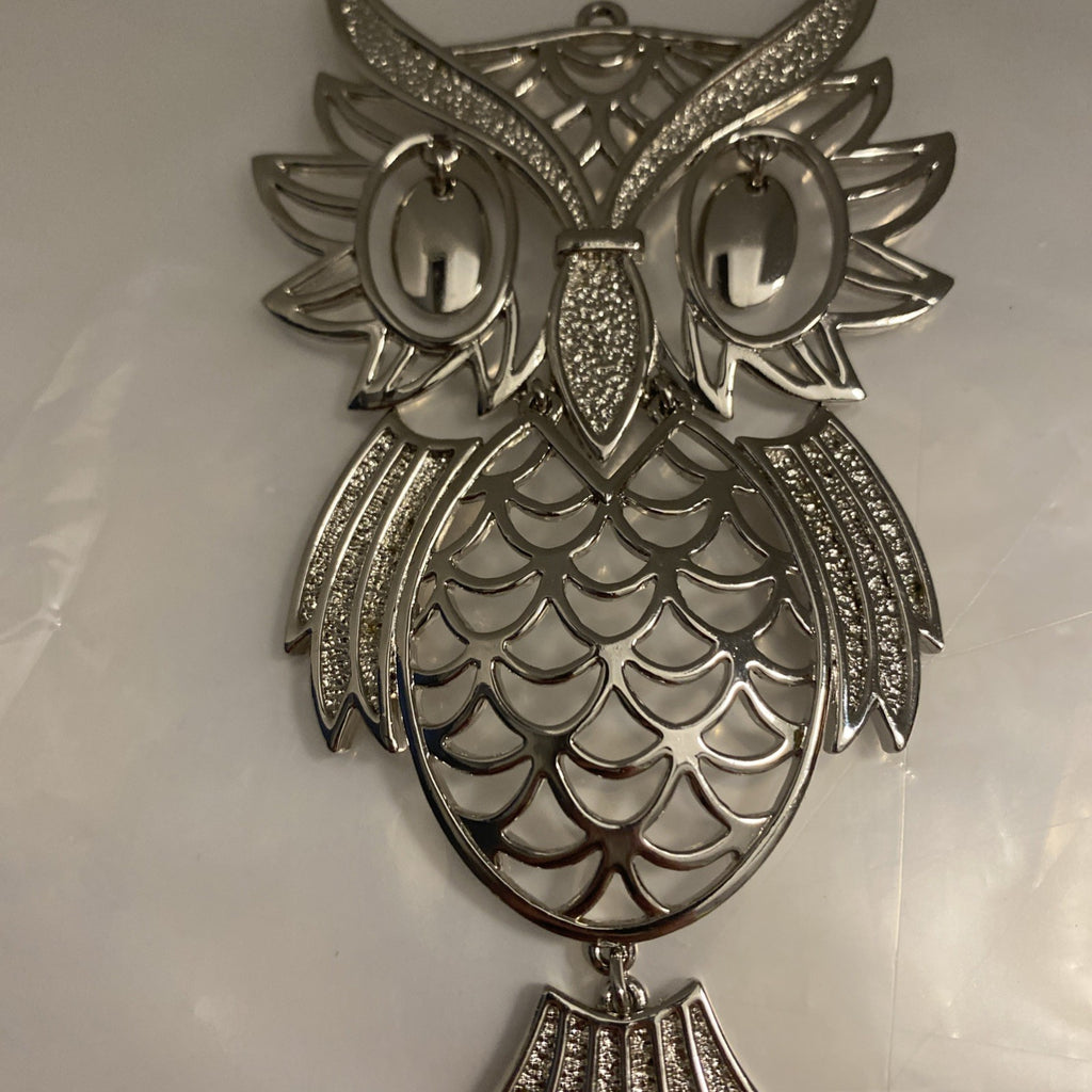 Vintage Silver Tone Large Owl Statement Pendant Bead Eyes Hinged