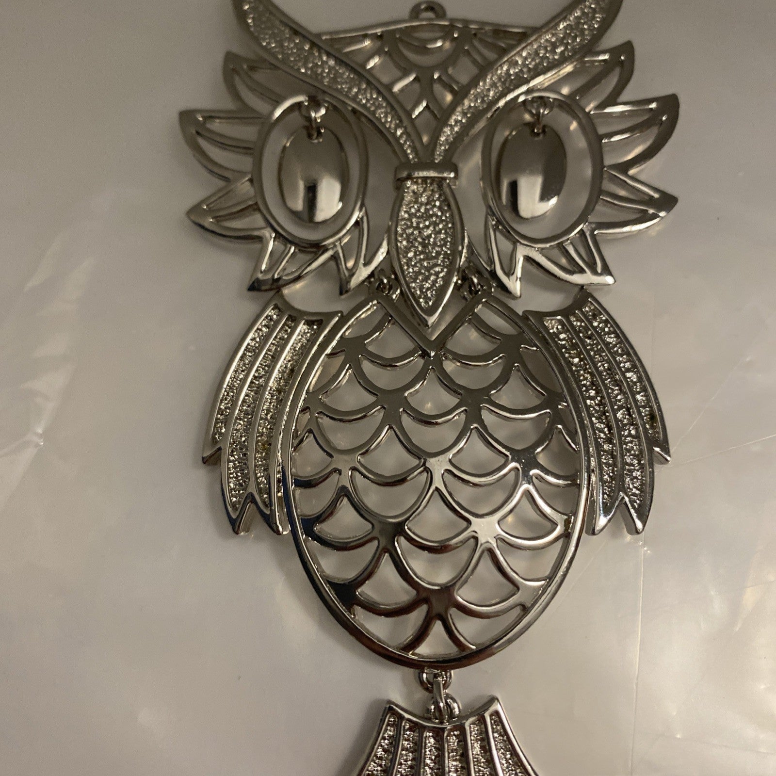 Vintage Silver Tone Large Owl Statement Pendant Bead Eyes Hinged