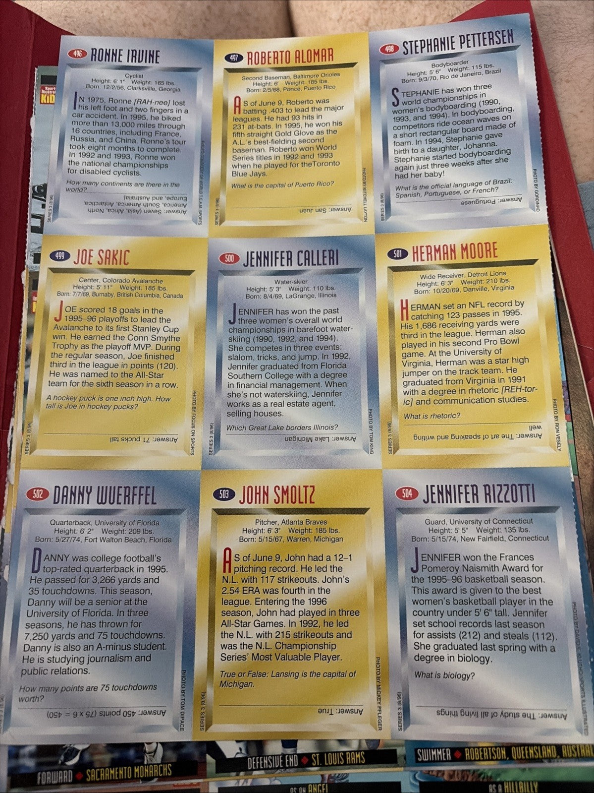 Sports Illustrated for Kids uncut sheet Alomar, Sakic, Smoltz, Wuerffel