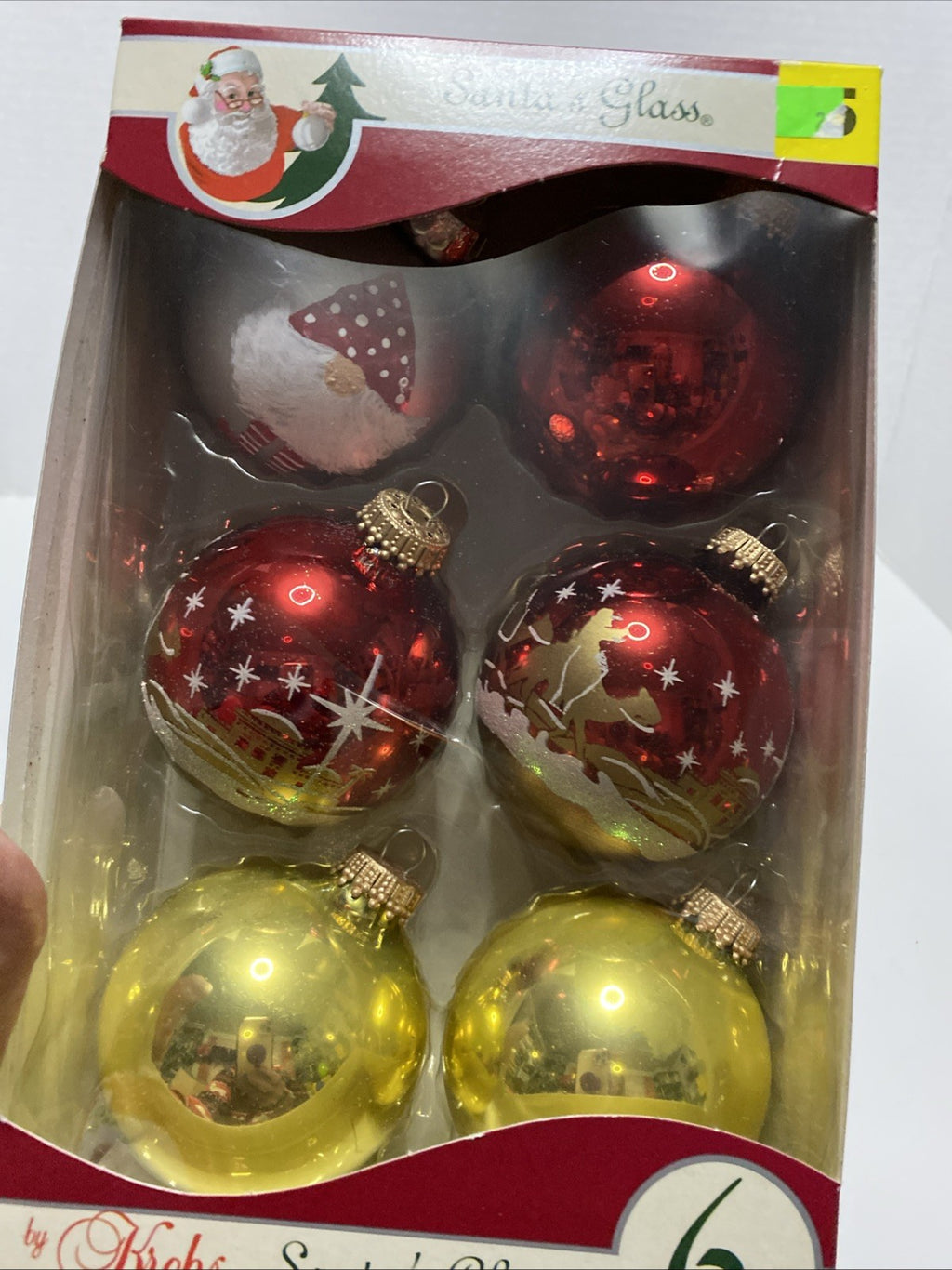 Santa’s Glass Box Of 6 Christmas by Krebs Glass Ornaments