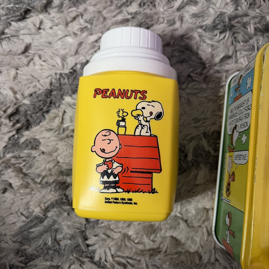 Vintage Peanuts Charlie Brown and Snoopy Metal Yellow Lunchbox & Thermos