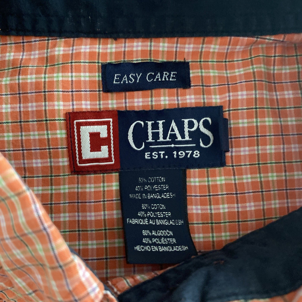 Chaps Easy Care Mens Shirt Orange & White Large Short Sleeve Button Plaid Pocket